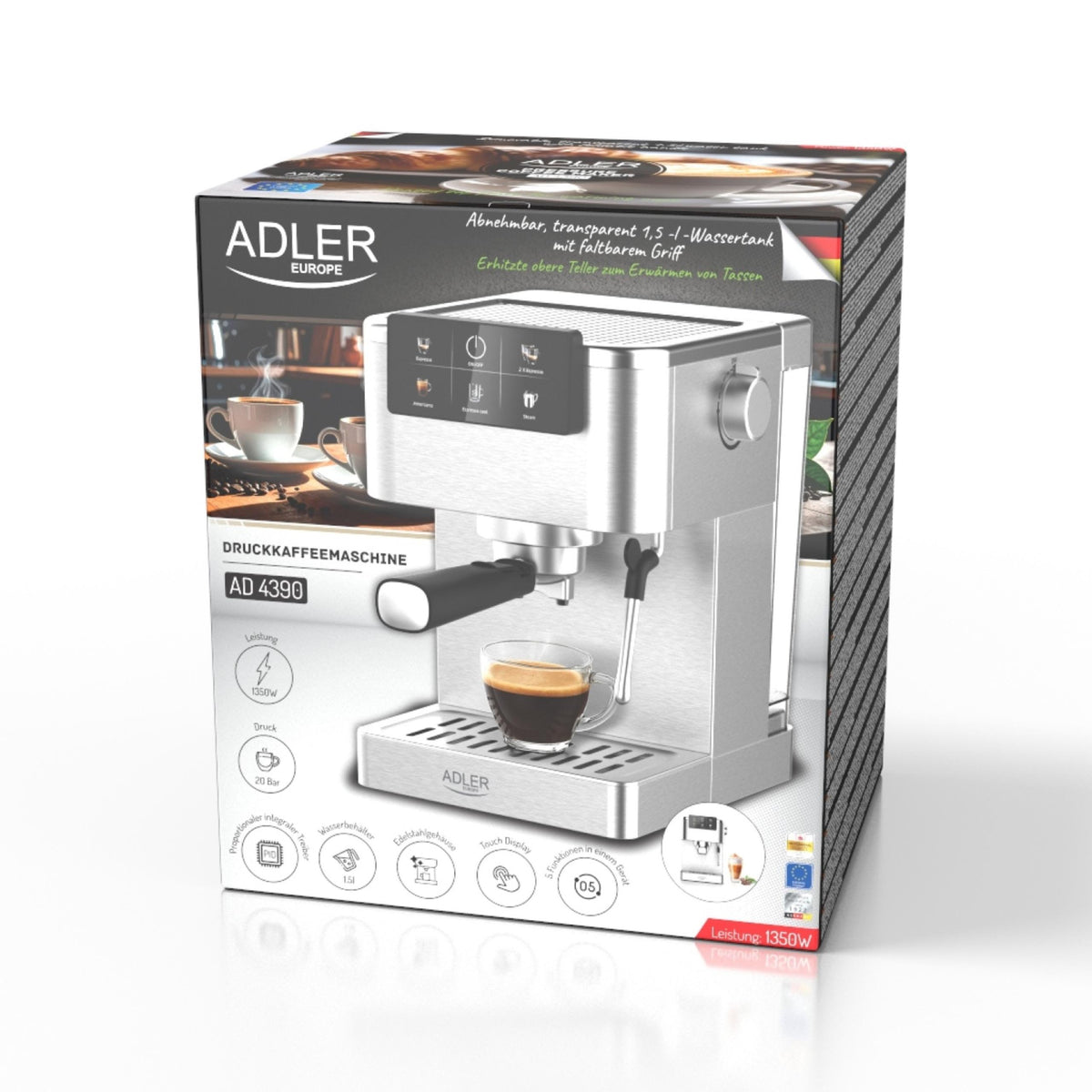 2X PRESSURE COFFEE MAKER 20 bar 1350W Automatic Flask + Foamer Brand ADLER