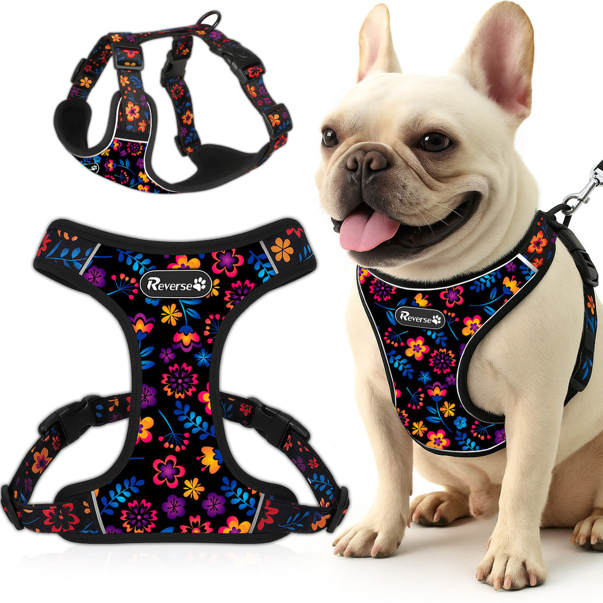 2X PRESSURE-FREE GUARD DOG HARNESS STRONG SOFT FLOWERS r.