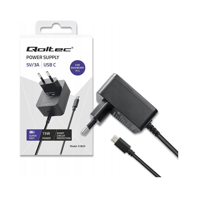 2X Power Supply for Raspberry Pi 4 USB-C 15W 5V 3A Power Delivery Qoltec