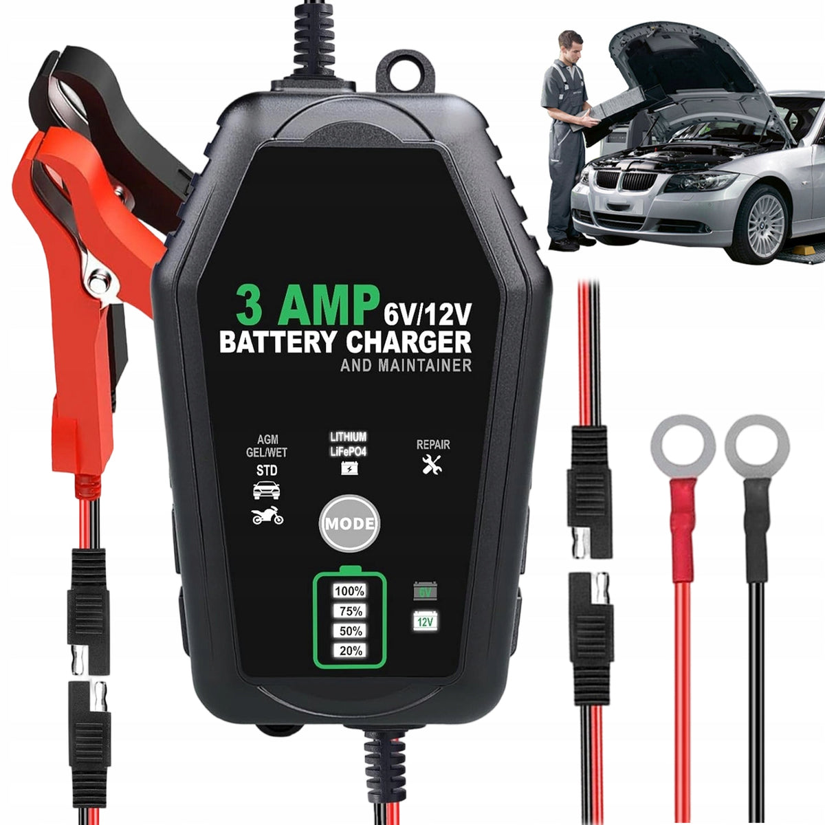 2X RECTIFIER CHARGER 3A 12V WITH SAE LINK, SPARK-FREE CHARGING TERMINALS
