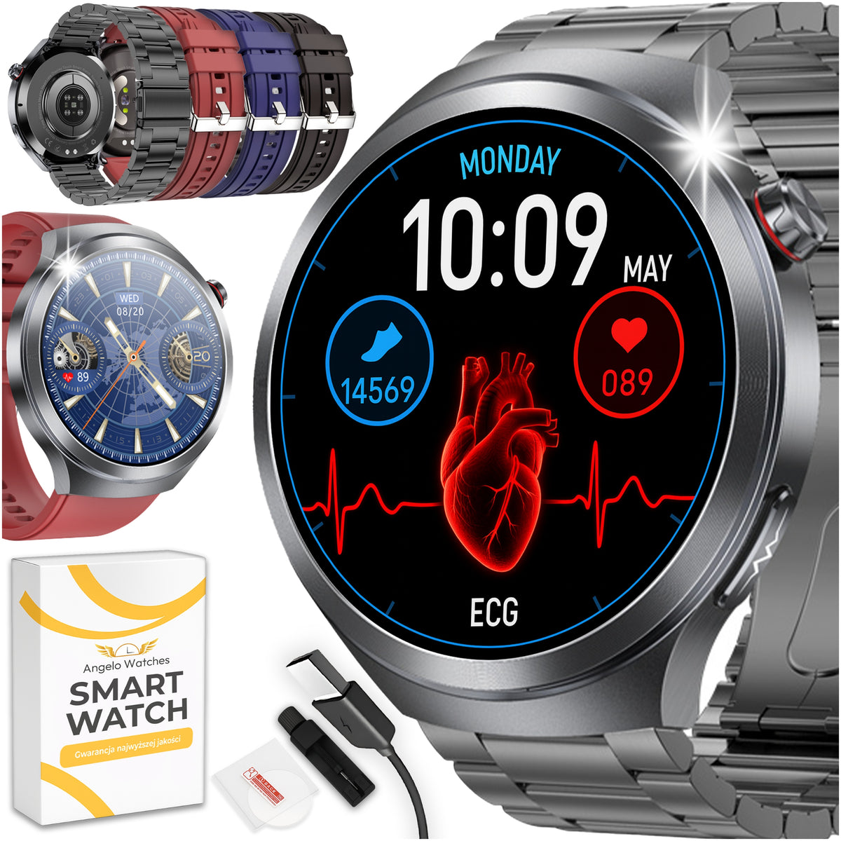 2X SMARTWATCH CARDIOWATCH MEN'S WATCH ECG HRV CALLS MENU POLISH + GRAT Brand Angelo Watches