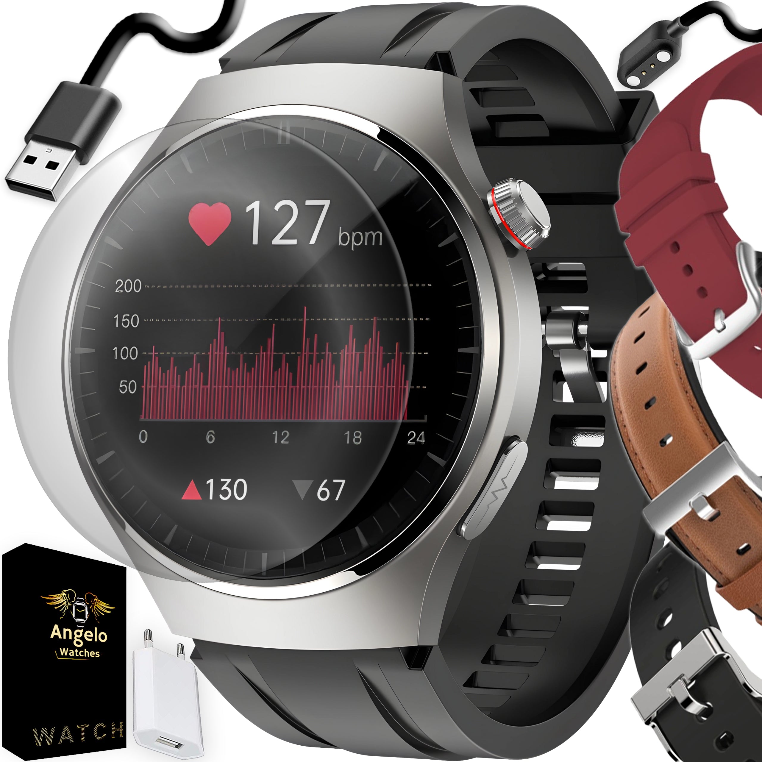 2X SMARTWATCH CARDIOWATCH WOMEN'S WATCH TALK PRESSURE SMS EKG HRV MENU Brand Angelo Watches