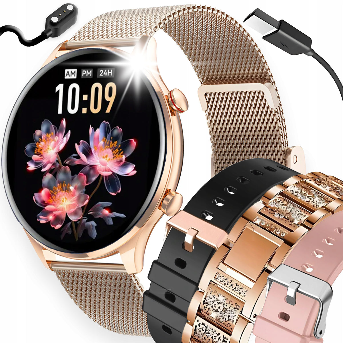 2X SMARTWATCH WOMEN'S WATCH RHINESTONES PRESSURE CONVERSATION PULSE 4 STRIPES MENU P Brand Angelo Watches