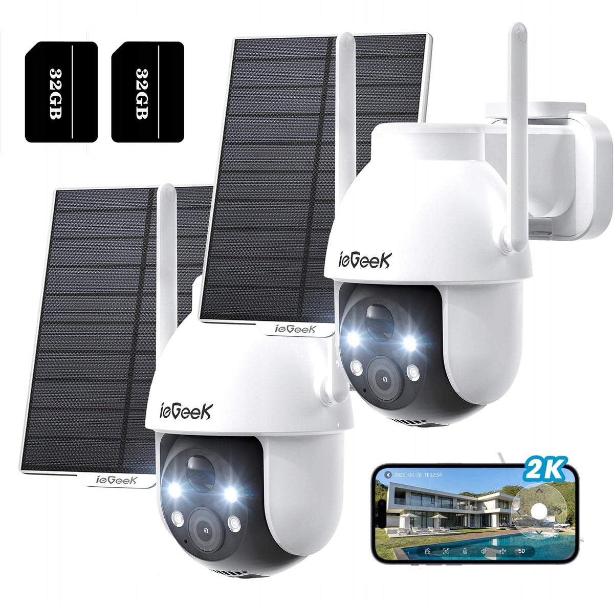 2X SOLAR WIFI CAMERA 4MPX SMART OUTDOOR ROTATING IP WIRELESS 32GB