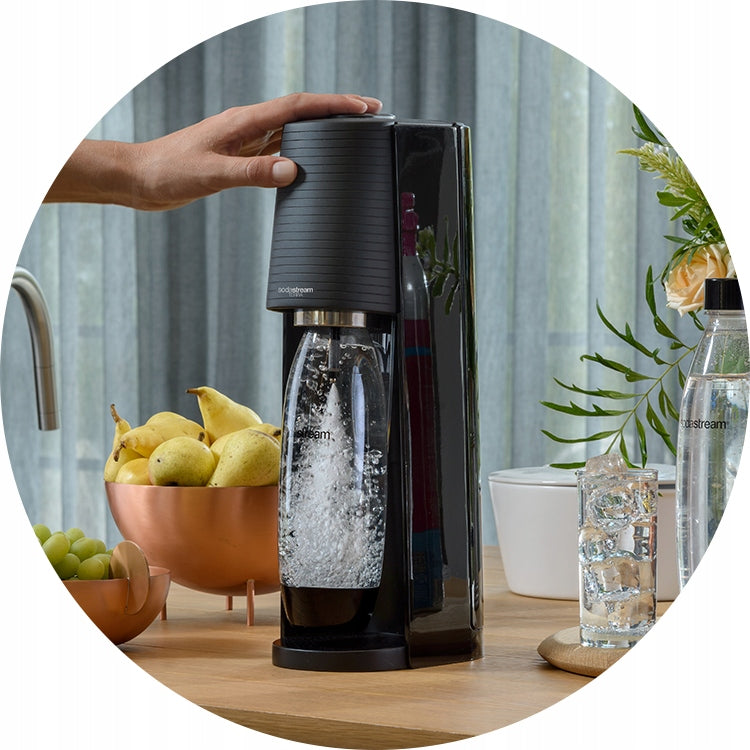 2X Soda Stream Saturator TERRA 2 Bottles + 4 Syrups Sugar Free Grapefruit, Pe Dominant color black