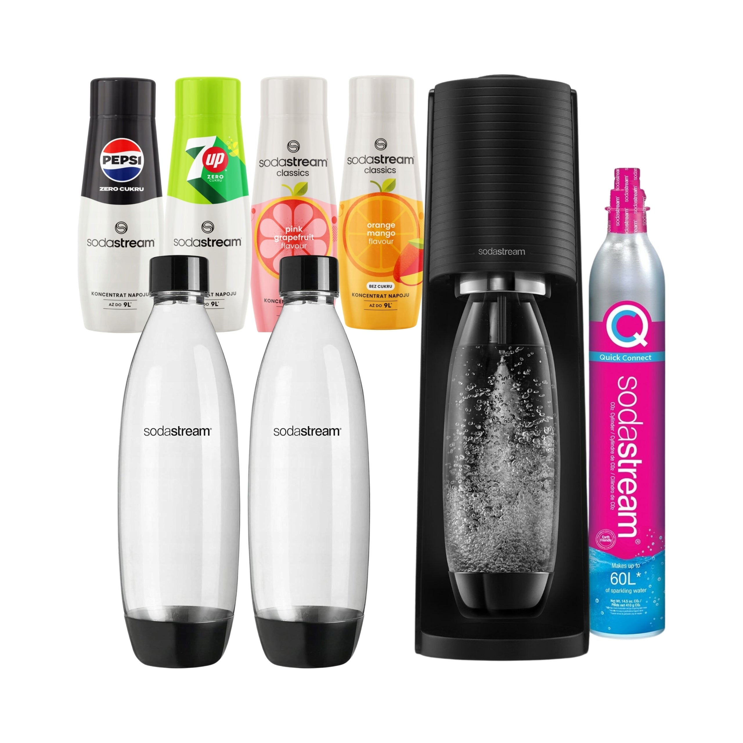 2X Soda Stream Saturator TERRA 2 Bottles + 4 Syrups Sugar Free Grapefruit, Pe