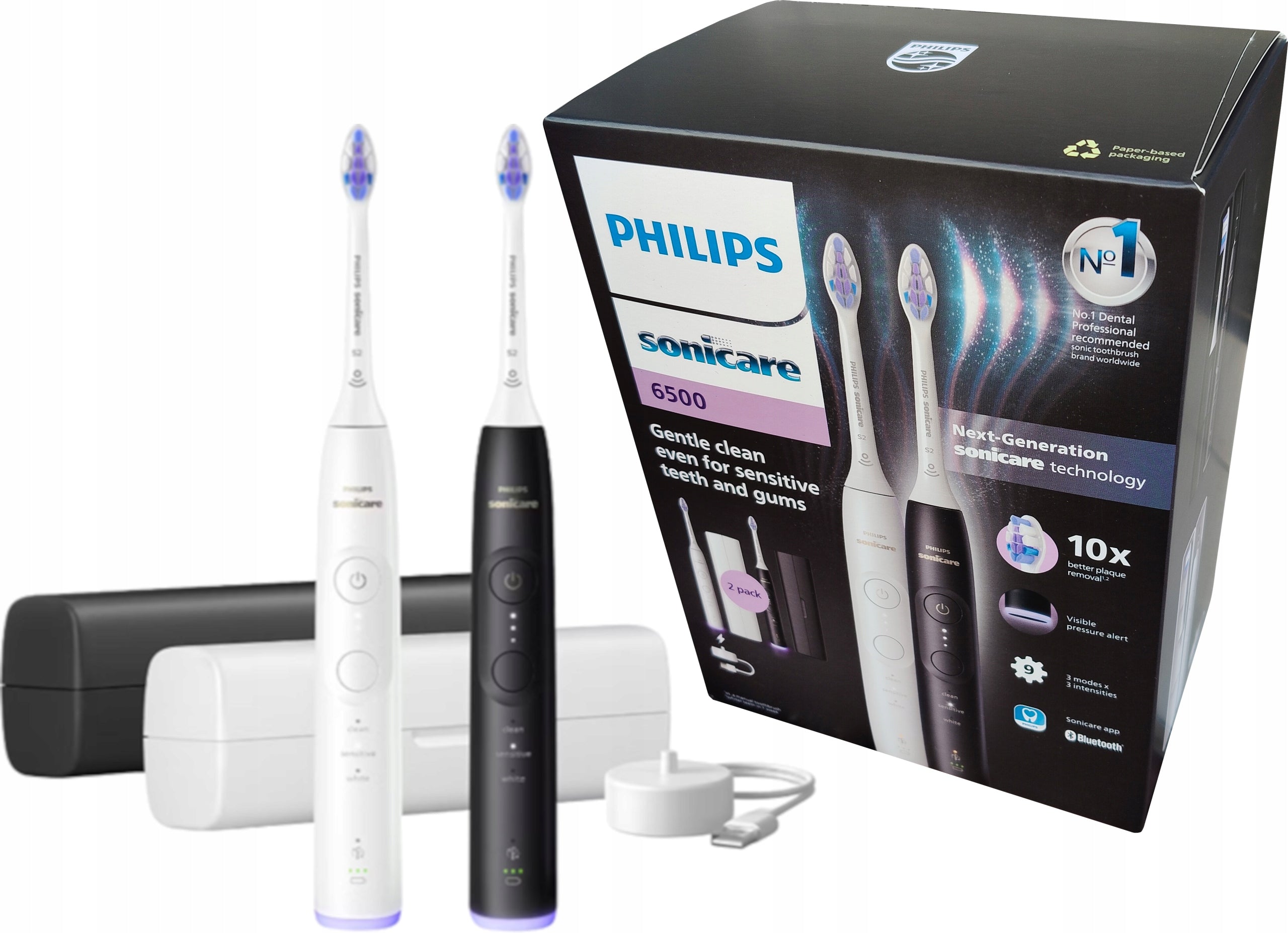 2X TOOTHBRUSHES PHILIPS SONICARE 6500 HX7419/01 BLACK AND WHITE + CASE Brand Philips