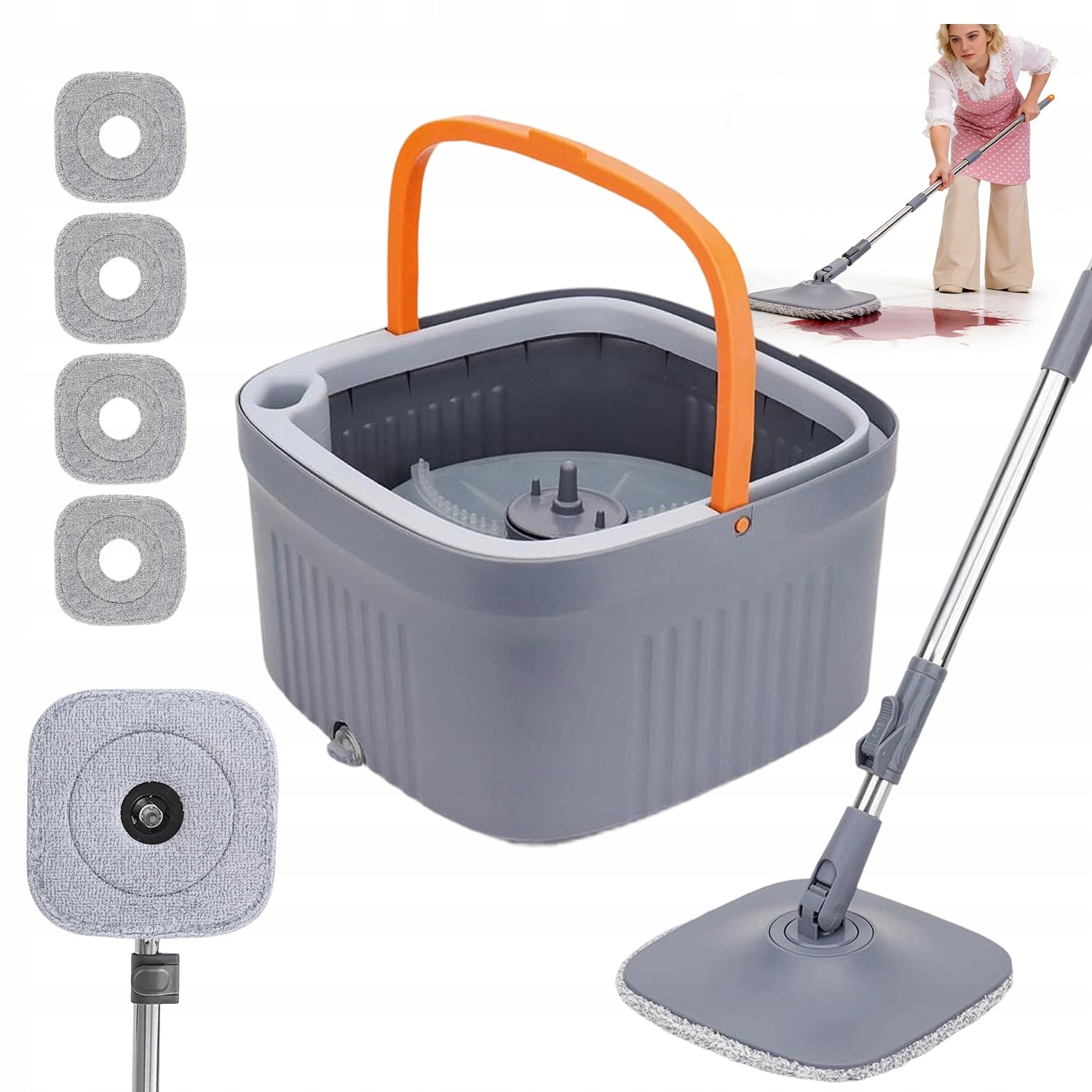 2X TOUCHLESS ROTARY FLAT MOP FOR CLEANING GREY FOR HOME USE.