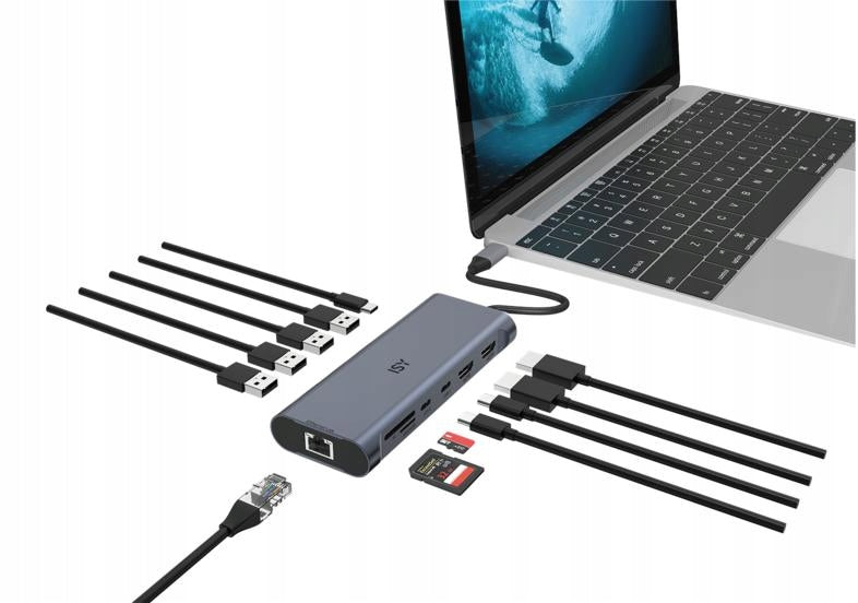 2X USB-C Multiport Adapter ISY IAD-1030 12in1 + Power Function Silver Manufacturer ISY