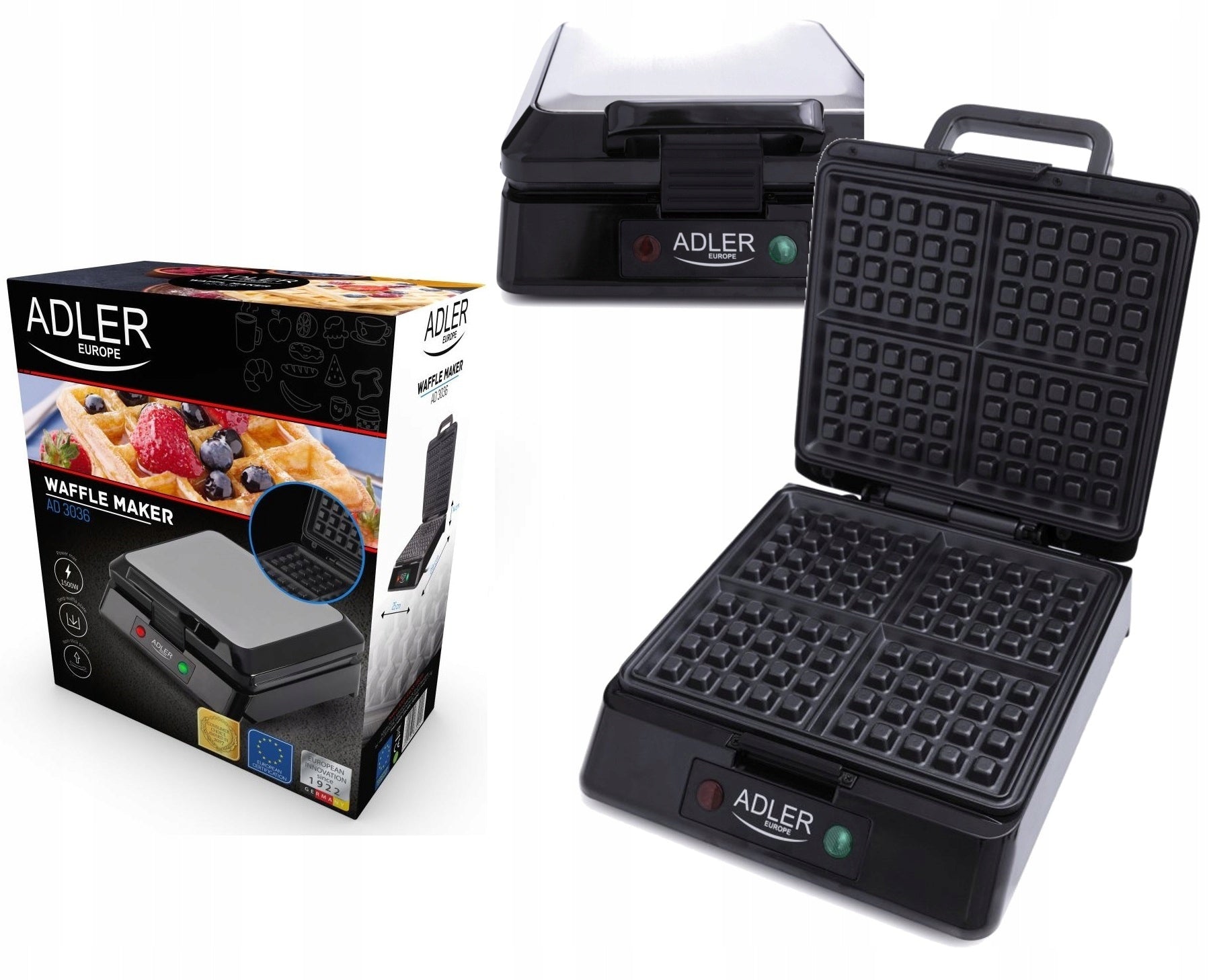 2X WAFFLE MAKER FOR 4 LARGE WAFFLES CRISPY XXL SOLID THICK GRILLE 1500W ADLE Brand ADLER