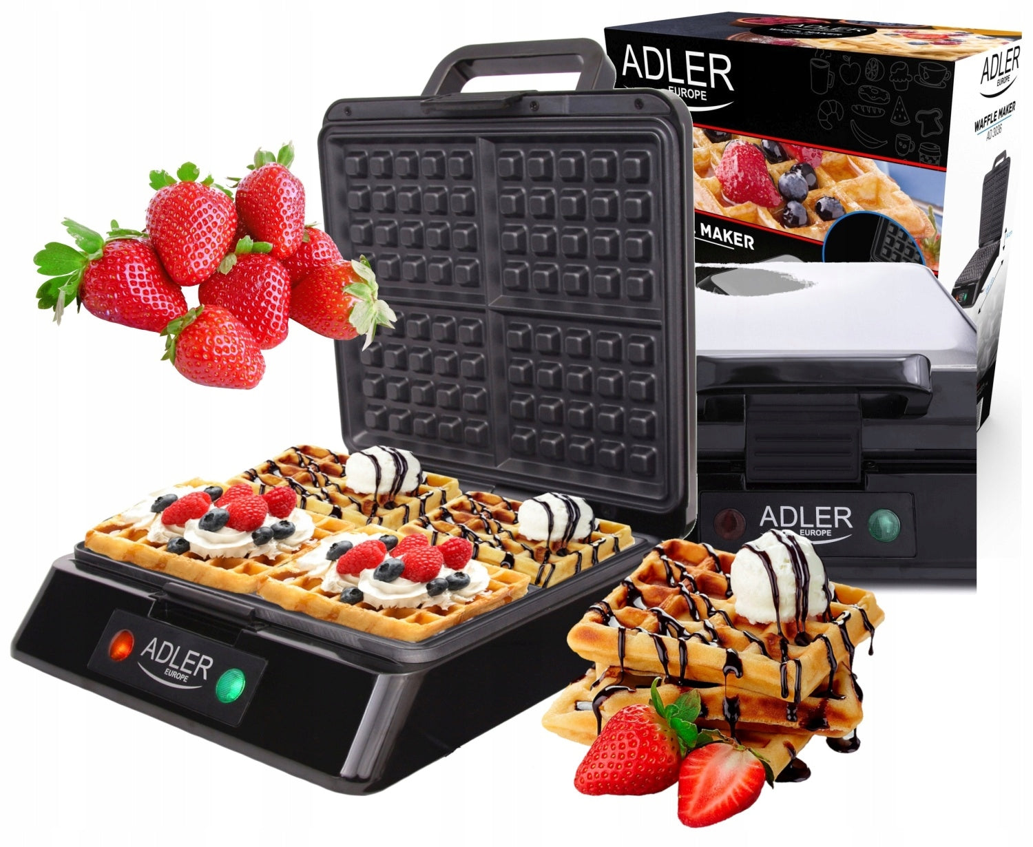 2X WAFFLE MAKER FOR 4 LARGE WAFFLES CRISPY XXL SOLID THICK GRILLE 1500W ADLE