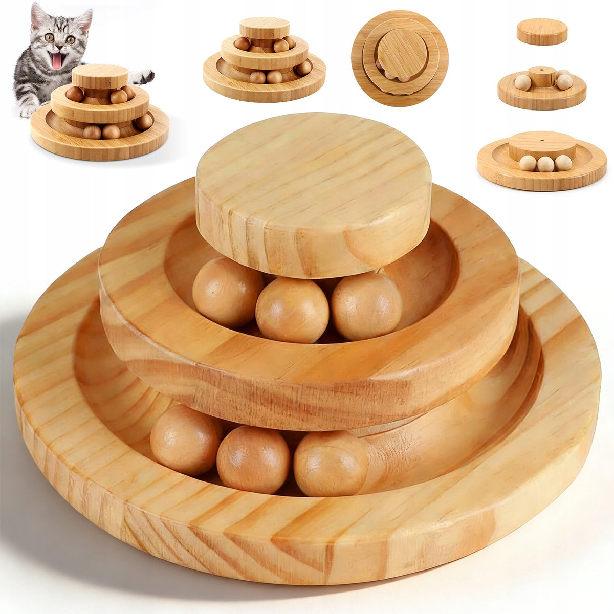 2X WOODEN CAT TOY WITH ROTATING TRACK AND TWO LEVELS