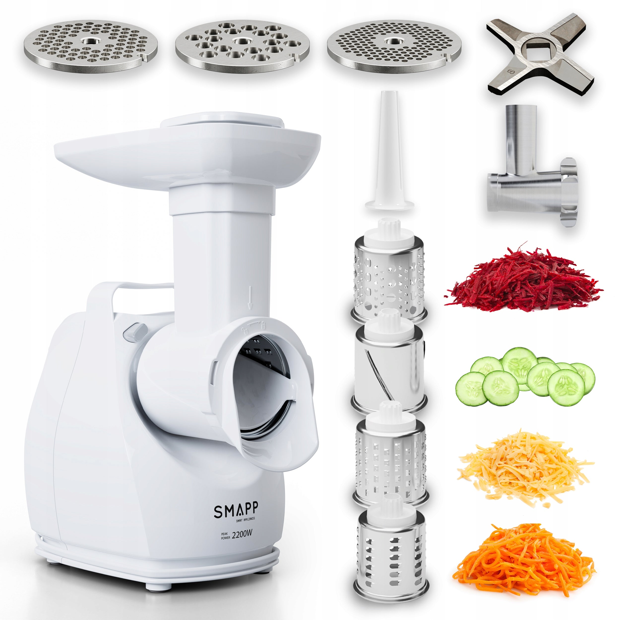 2X White Meat Grinder with Slicer, 4 Drums, 3 Strainers 2200W M Brand SMAPP