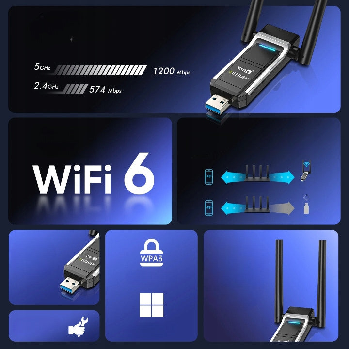 2X Wireless WiFi 6 adapter EDUP USB 3.0 Dongle 2.4Ghz 5 Interface USB