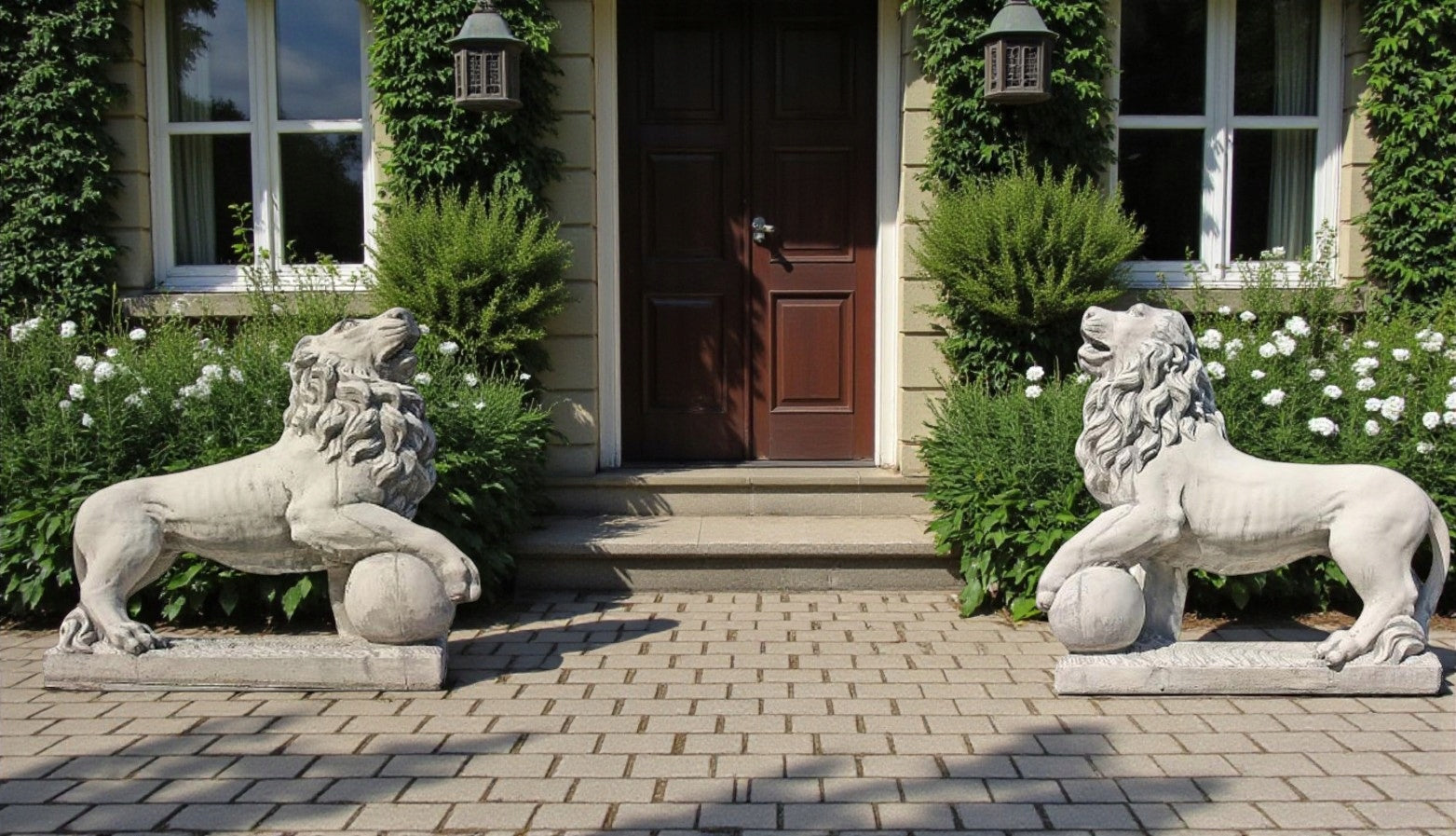 Garden figure Lion with ball pair right-left from concrete conglomerate AG-BET