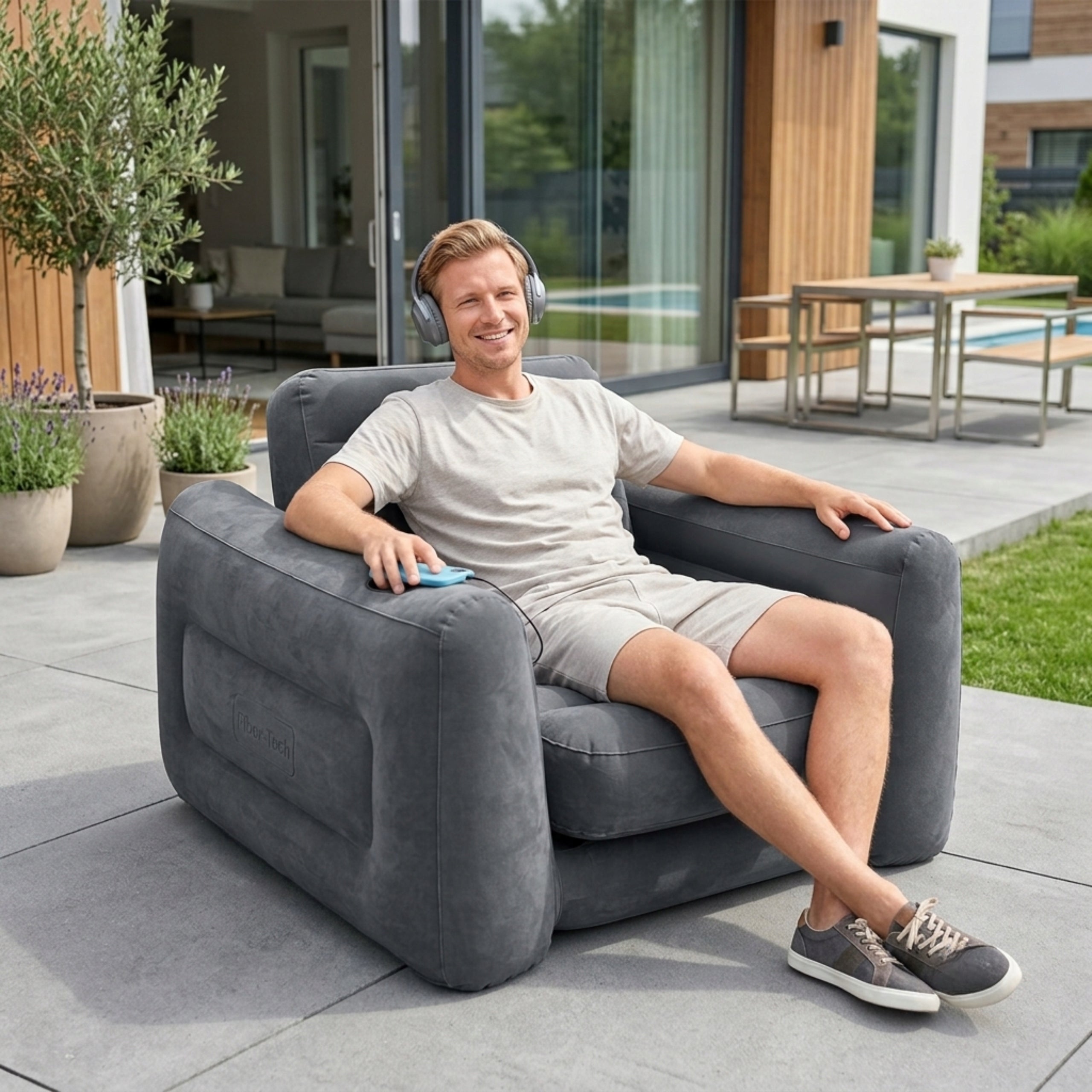 2in1 InFLATABLE RECLINING CHAIR Couch Mattress Sleeping Bed With Handle Manufacturer code Pompowany welurowy fotel materac dla gości 10