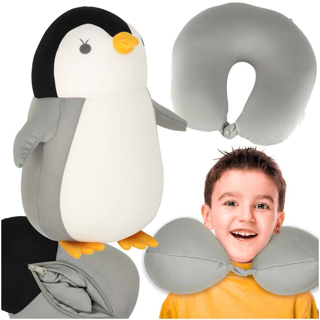 2in1 croissant travel pillow under the neck for airplane car plush toy penguin