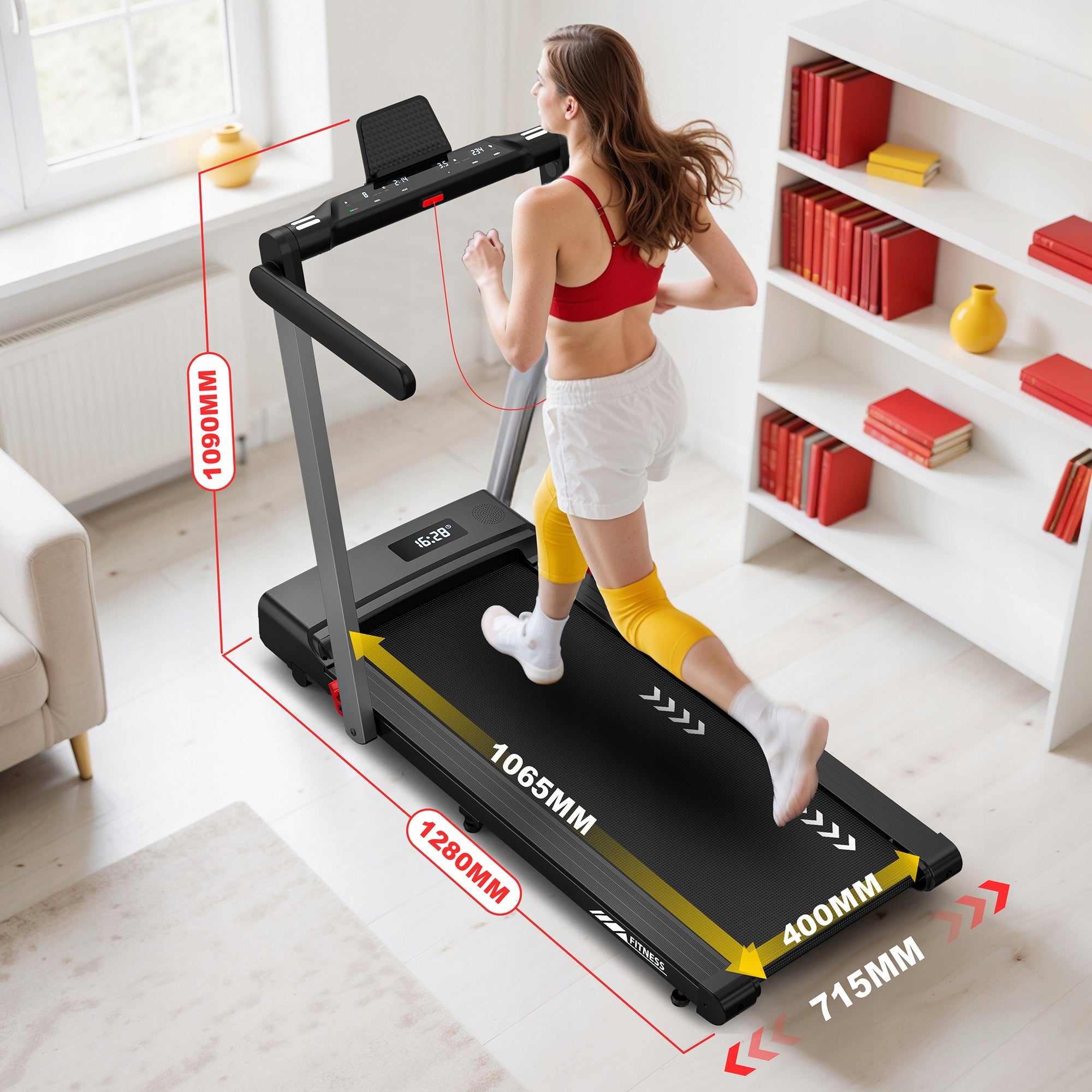 2in1 folding treadmill, 3,5 HP motor, 1-12 km/h speed, stable and durable Measurements training duration distance number of steps speed pulse burned calories