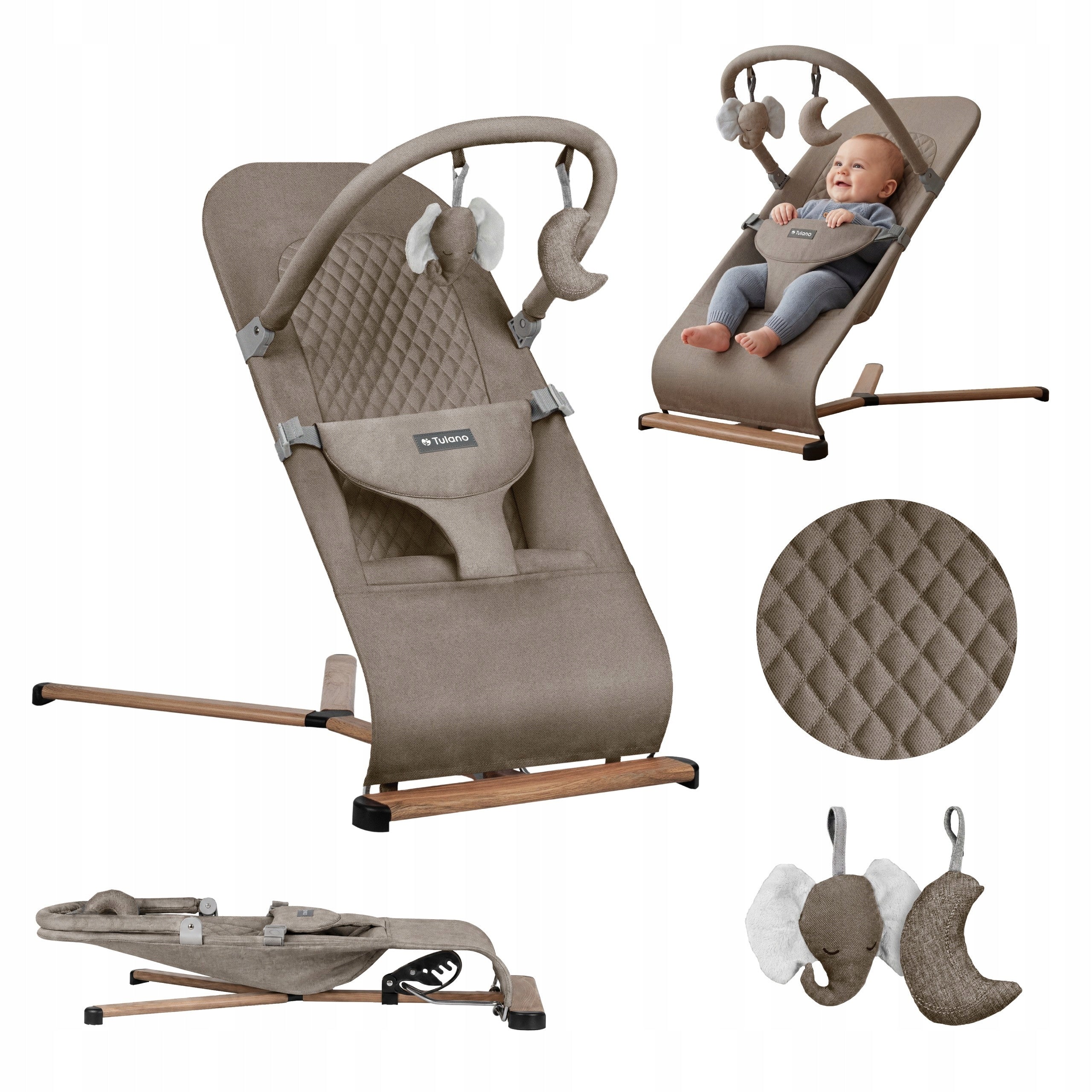 2in1 rocker lounger TULANO beige for baby folding with straps