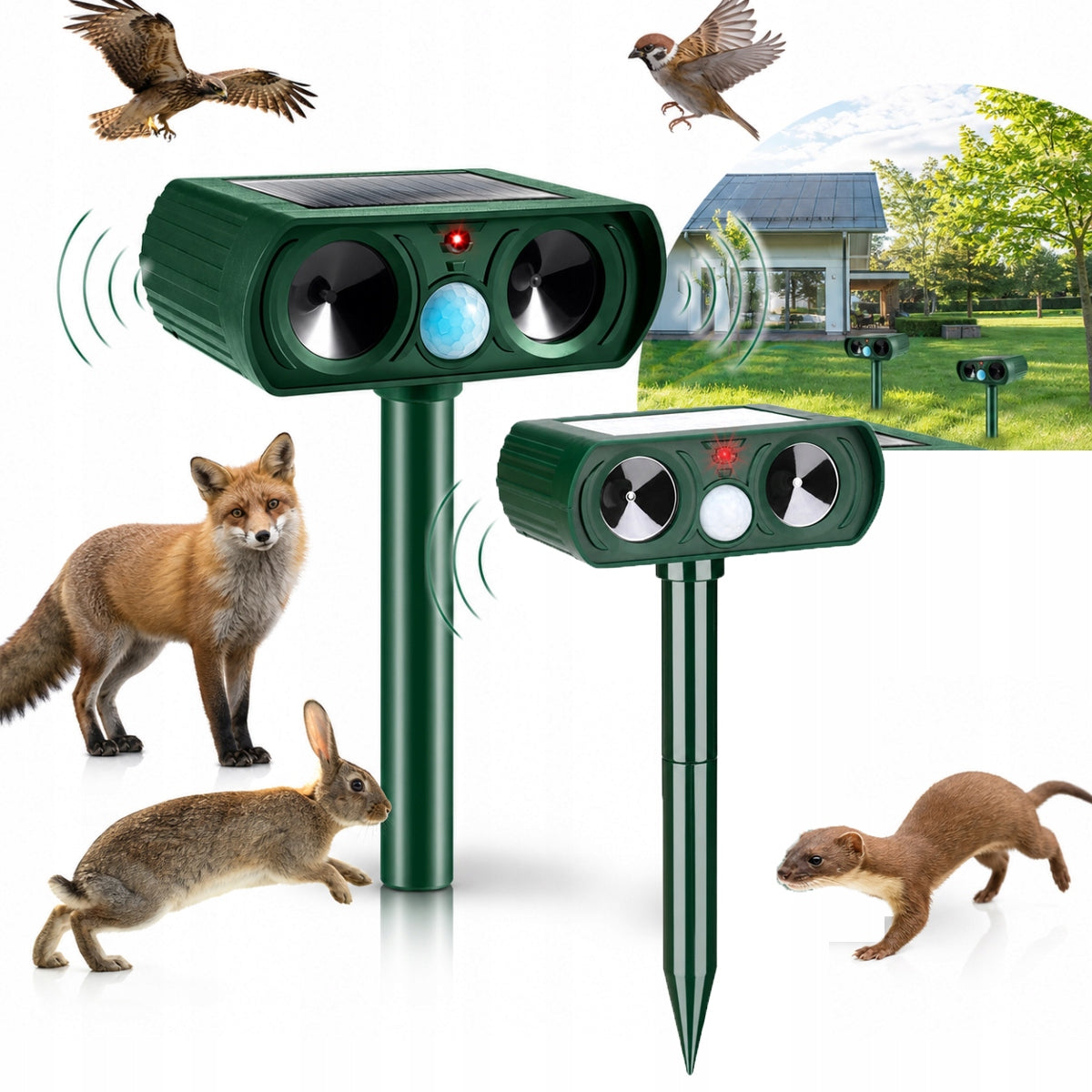 2pcs ULTRASONIC BIRD RODENT REPELLENT SOLAR LIGHT FOR MARTEN FOX