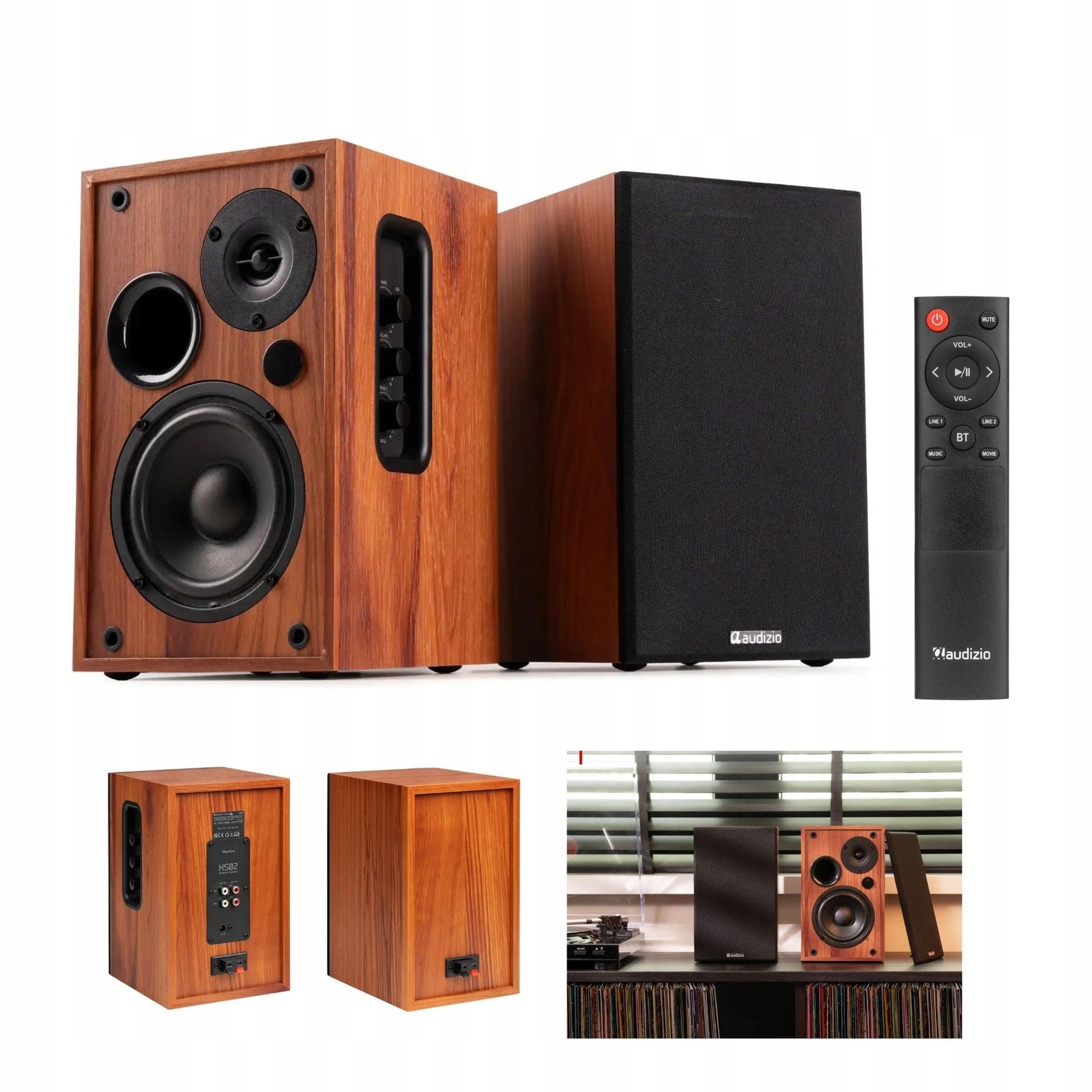 2x 4'' 80W BT Active Stereo Speakers Brown HIFI Columns for Home Office