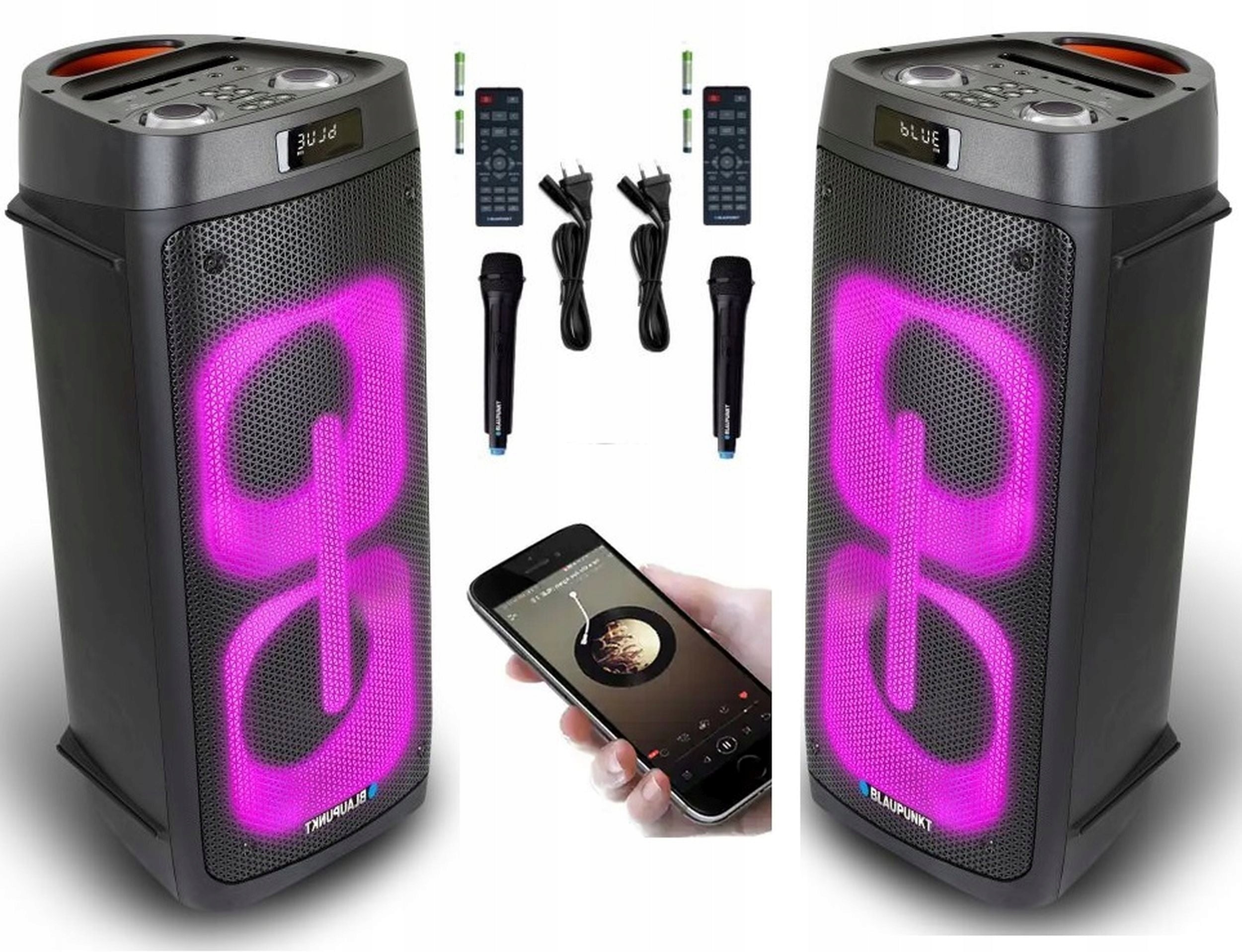 2x ACTIVE COLUMN PARTYBOX BLAUPUNKT PB50LED KARAOKE LED REMOTE CONTROL AUX USB BT