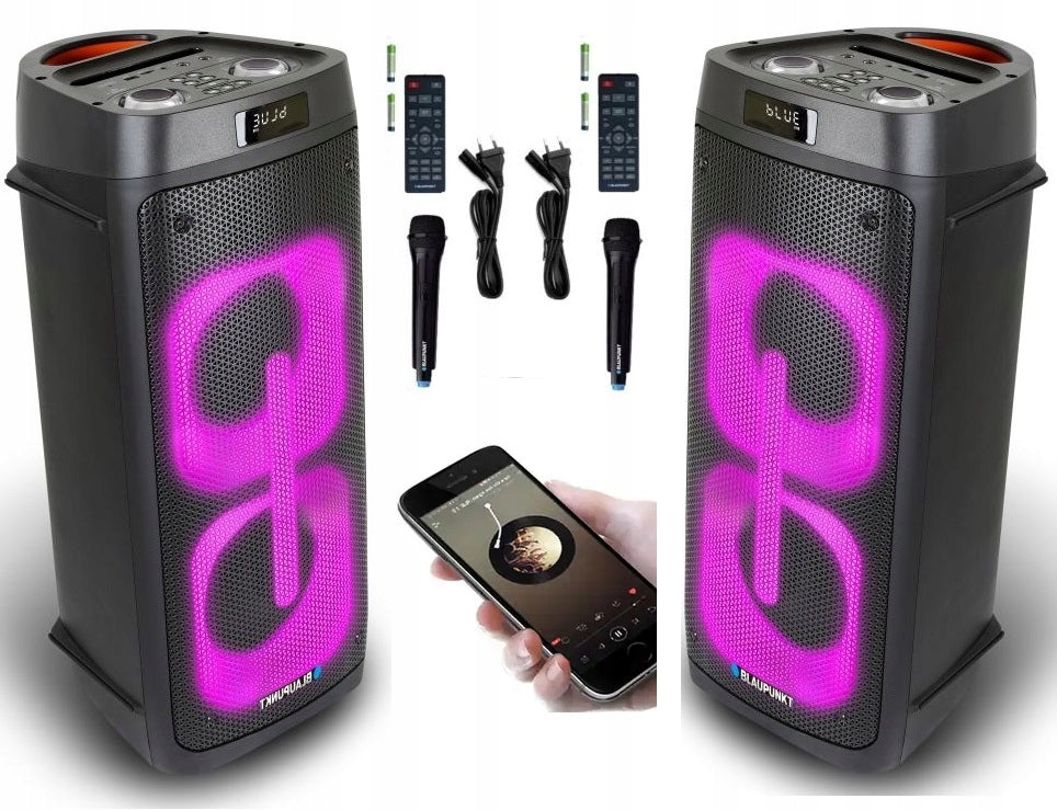 2x ACTIVE COLUMN PARTYBOX BLAUPUNKT PB50LED KARAOKE LED REMOTE CONTROL AUX USB BT