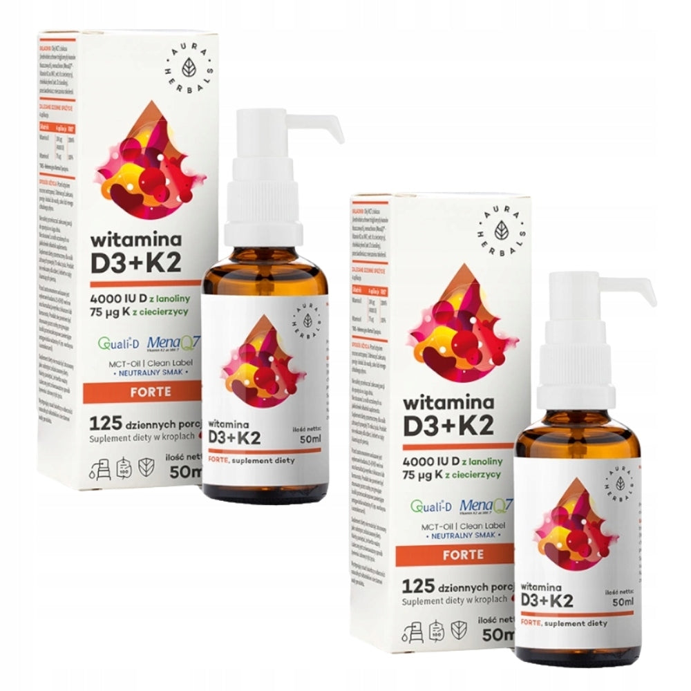 2x AURA HERBALS VITAMIN D3 4000 IU + K2MK7 MCT 50ml HEALTHY BONES IMMUNITY Manufacturer code układ kostny, odporność