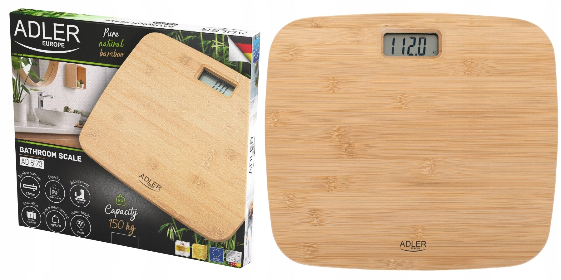 2x Adler | Bamboo bathroom scale | AD 8173 | Maximum weight (lift) 1