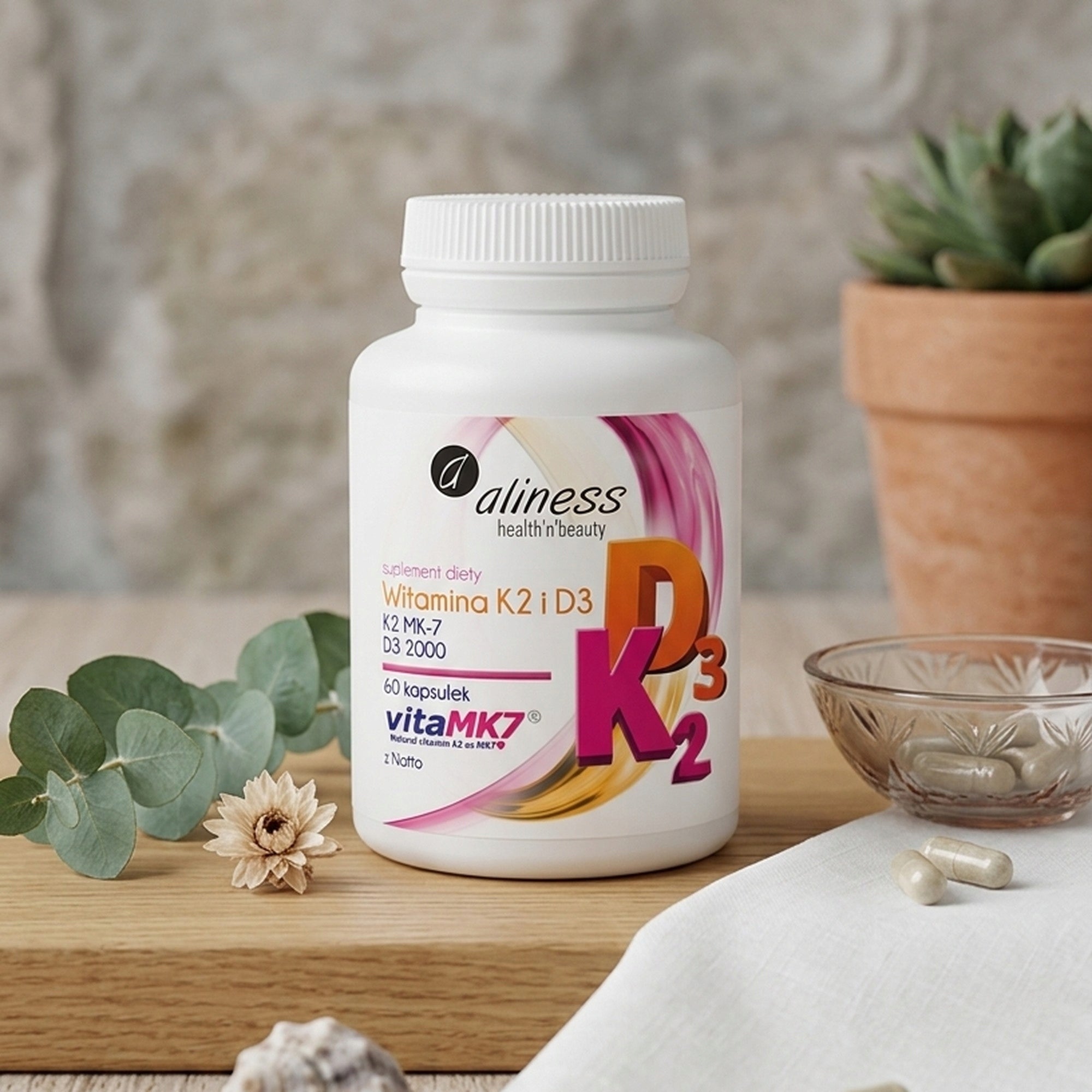 2x Aliness Vitamin K2 MK-7 100 µg + D3 50 µg 60 capsules vitamin on bone Manufacturer code K-2 D-3 wapń zdrowe zęby kości odporność staw