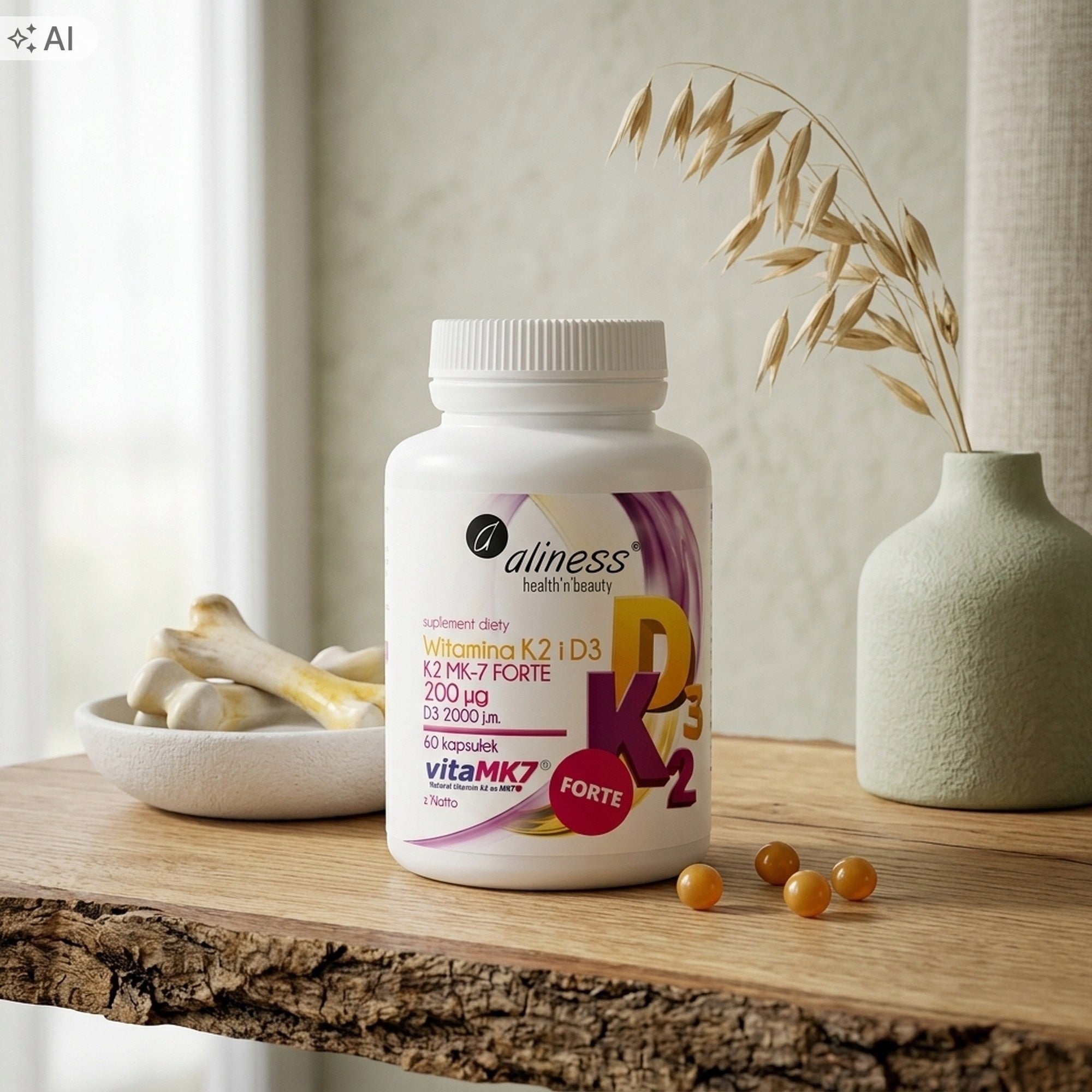 2x Aliness Vitamin K2 MK-7 200 µg + D3 2000 IU bone immunity 60 kaps Manufacturer code K-2 D-3 wapń zdrowe zęby kości odporność