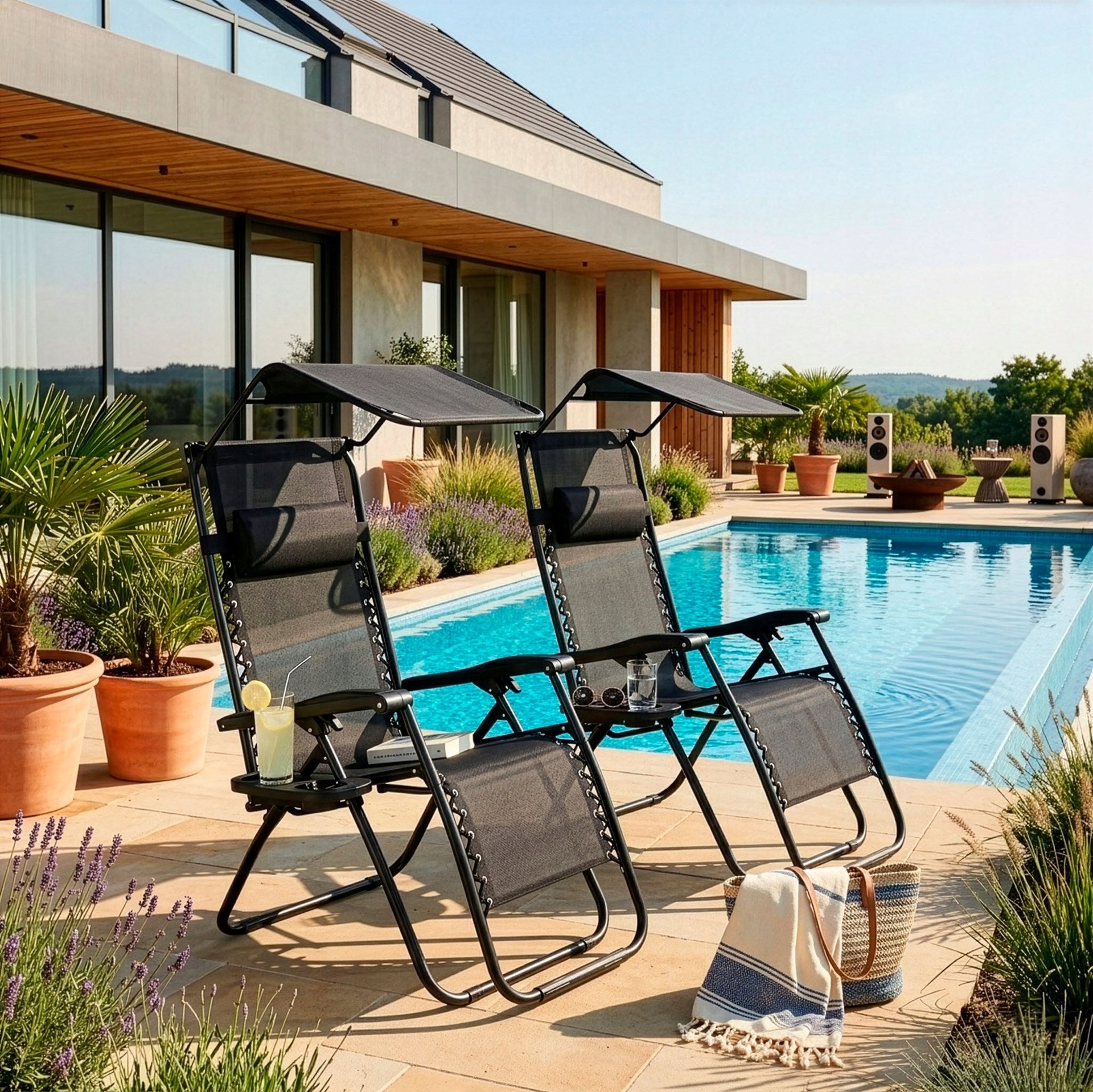2x BEACH LOUNGER WITH VISOR FOLDING BEACH LOUNGERS GRAVITY ARMCHAIR Packaging status original