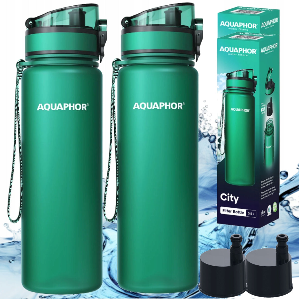 2x Bottle Aquaphor City 0,5l bottle green + water filter