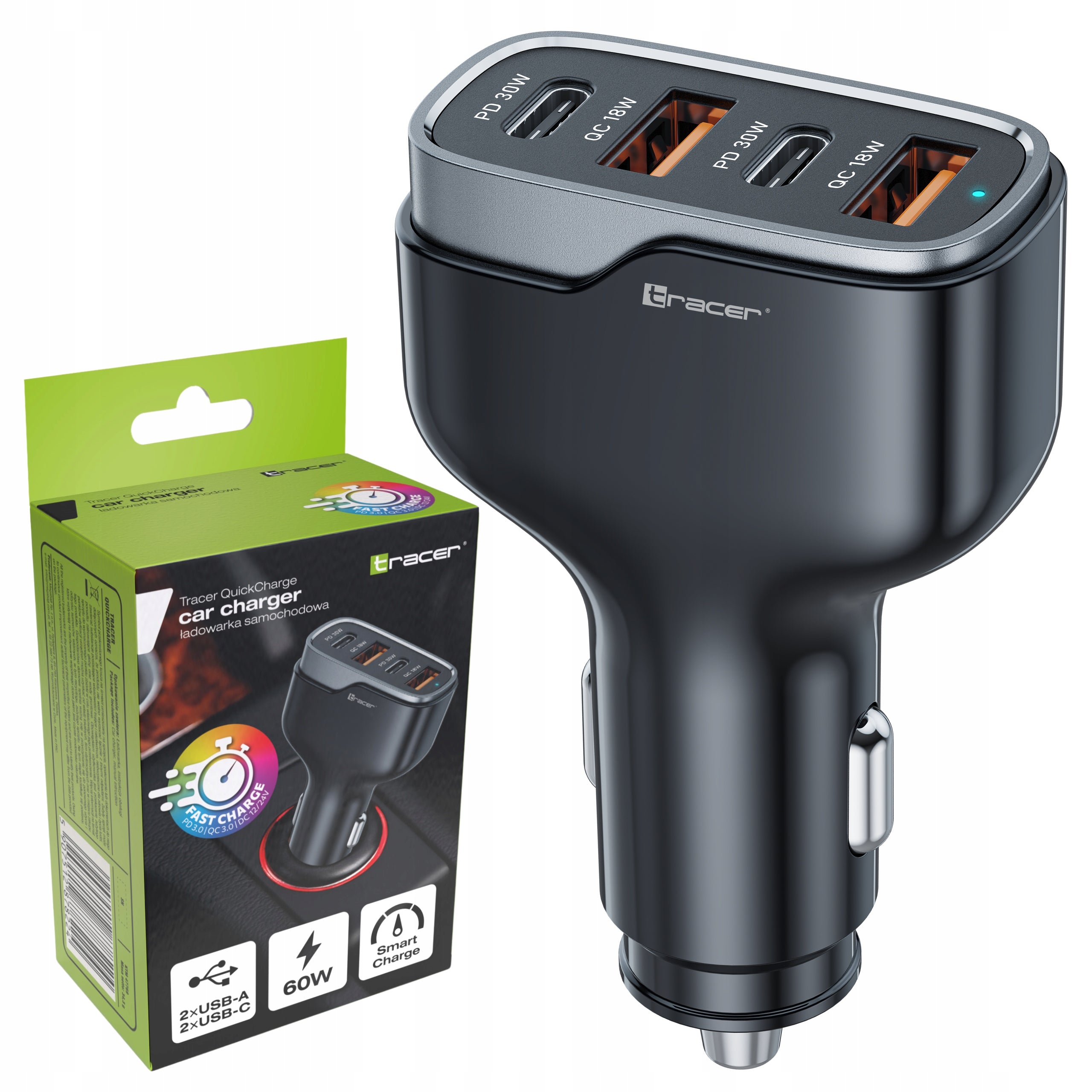 2x Car Charger Tracer Quickcharger 60w 4 Ports Usb C Usb A Fast