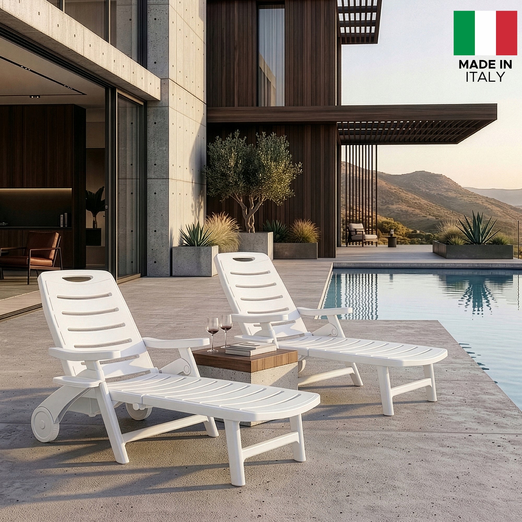 2x DECKCHAIR ON WHEELS KONSIMO TIDIA – GARDEN AND POOL DECKCHAIR FOR GARDEN