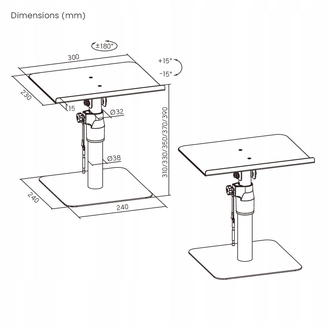 2x Desk Speaker Stands ADJUSTABLE up to 30kg Spacetronik black Manufacturer code SPP138B