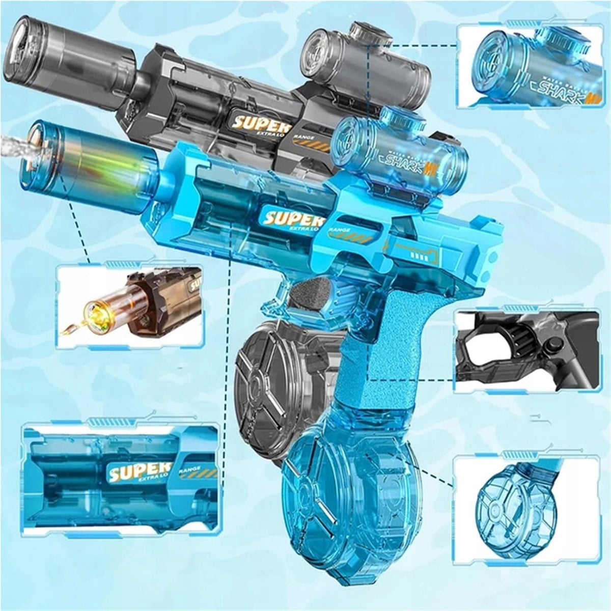 2x ELECTRIC WATER GUN AUTOMATIC RIFLE FOR CHILDREN LED AKU Packaging status original