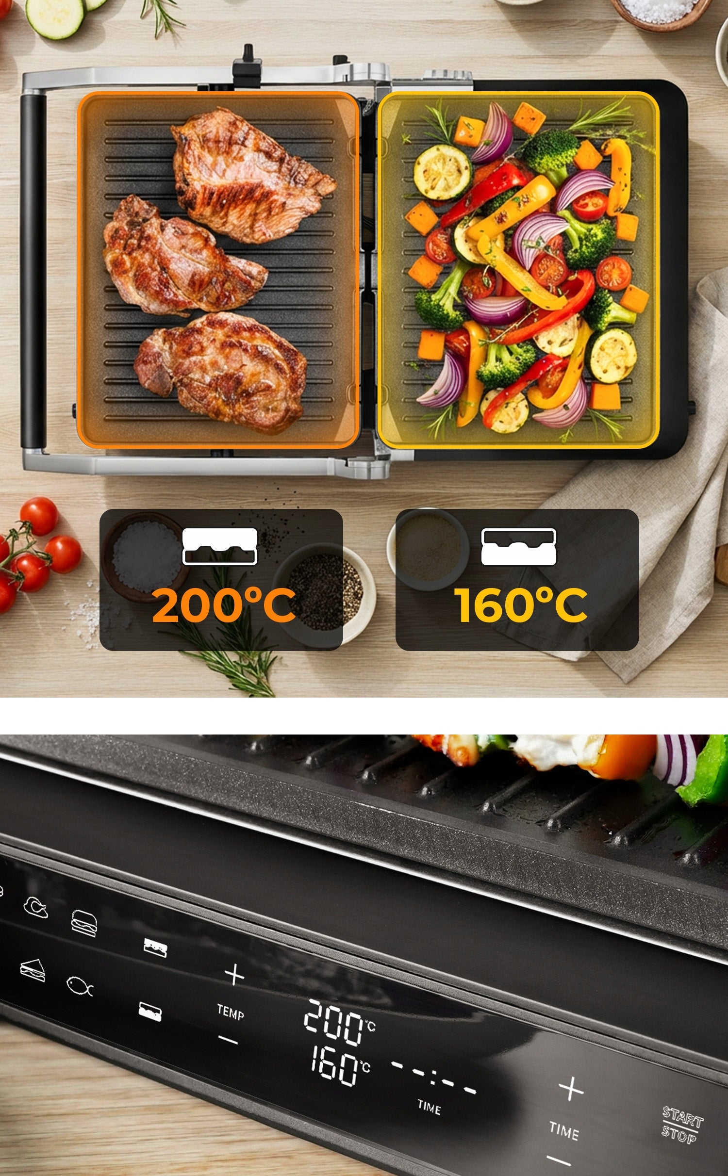 2x Electric Grill 2000w Toaster Reclining Timer 2 Thermostats 6 Programs Brand Mozano