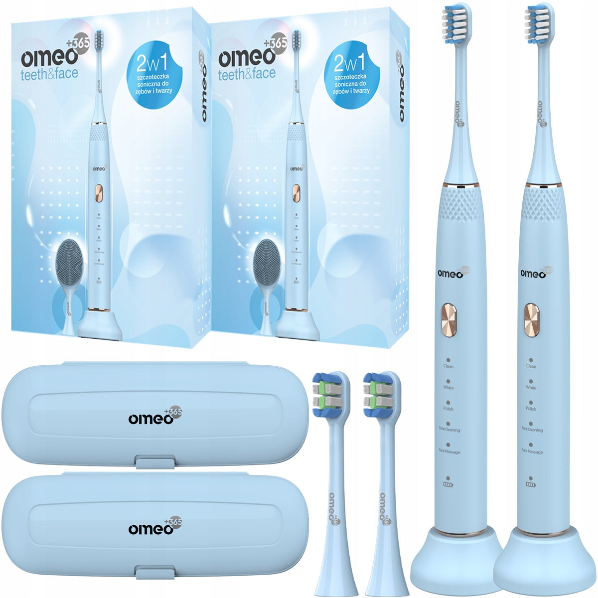 2x Electric Sonic Toothbrush OMEO +365 Teeth&Face Blue