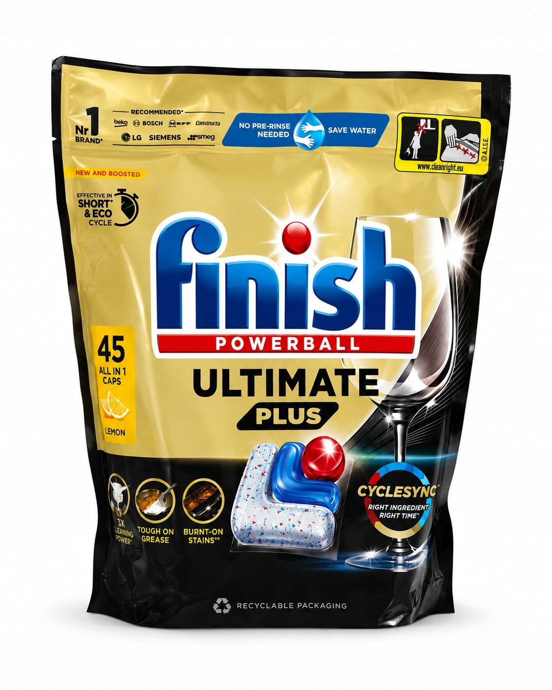 2x FINISH ULTIMATE PLUS POWERBALL ALL IN 1 DISHWASHER CAPSULES 45pcs LEMON