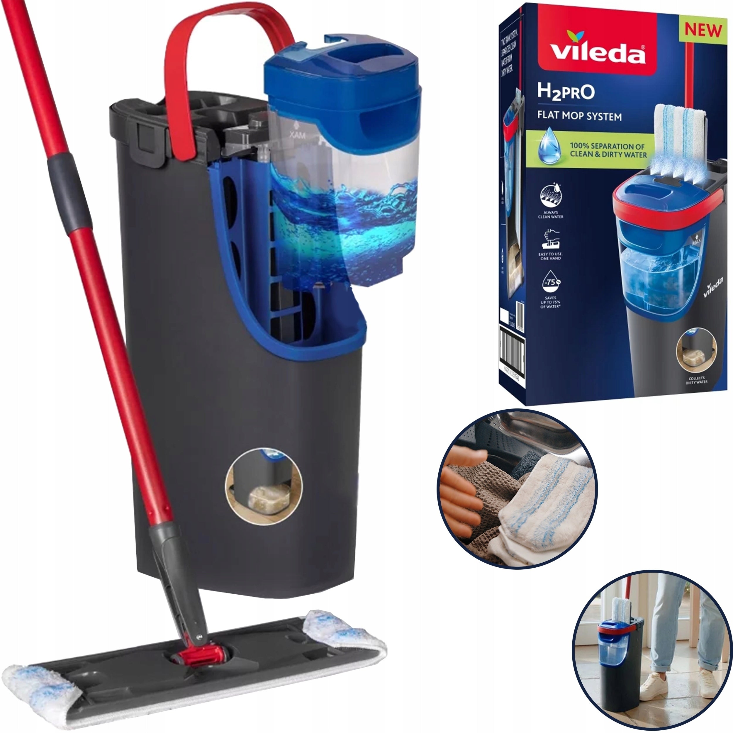 2x FLAT MOP VILEDA ROTATING H2PRO BUCKET WITH DIRTY CLEAN WATER SEPARATION Manufacturer code 4023103251540