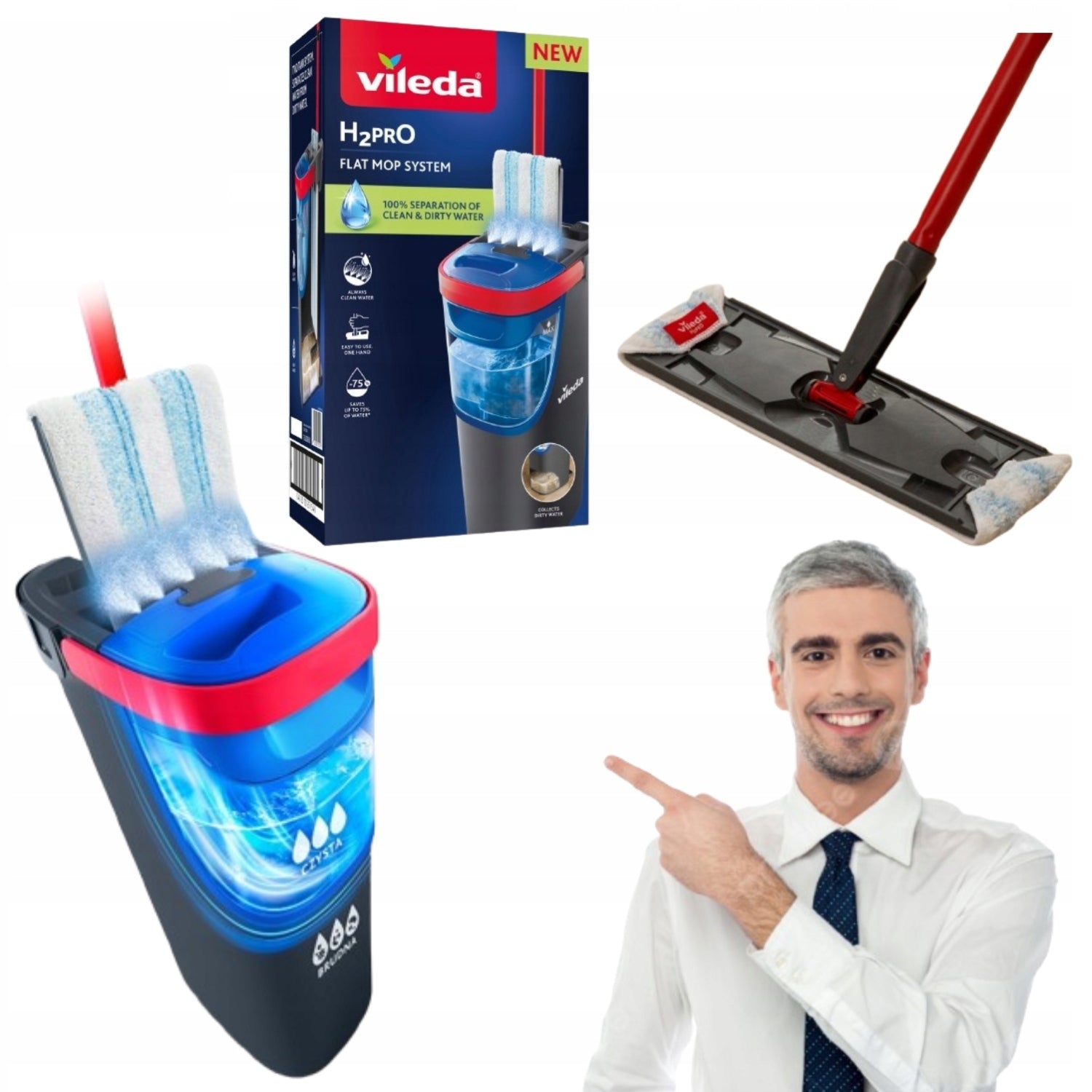 2x FLAT MOP VILEDA ROTATING H2PRO BUCKET WITH DIRTY CLEAN WATER SEPARATION