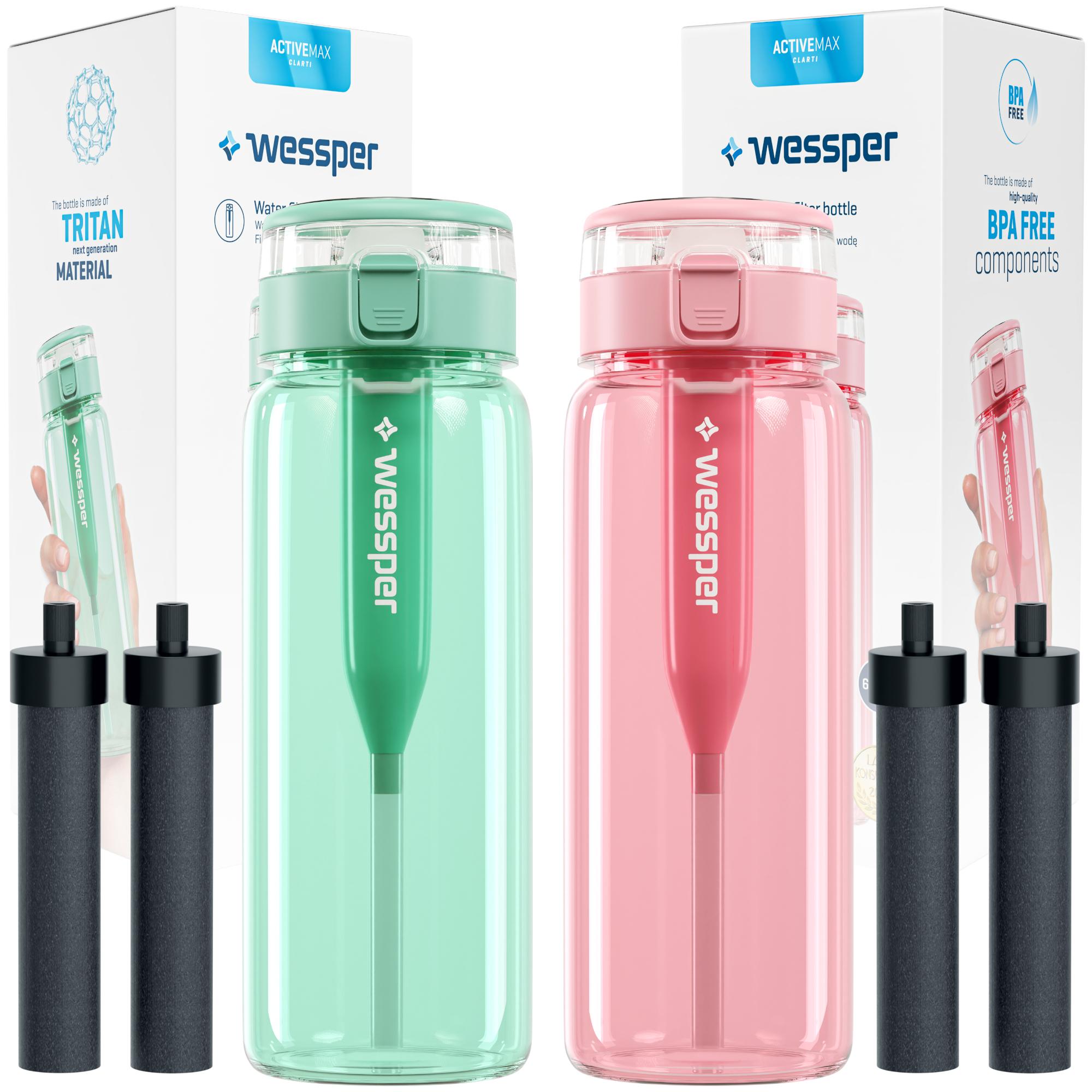 2x Filter bottle Wessper Clarti 0,68l mint + pink + 4x Filter