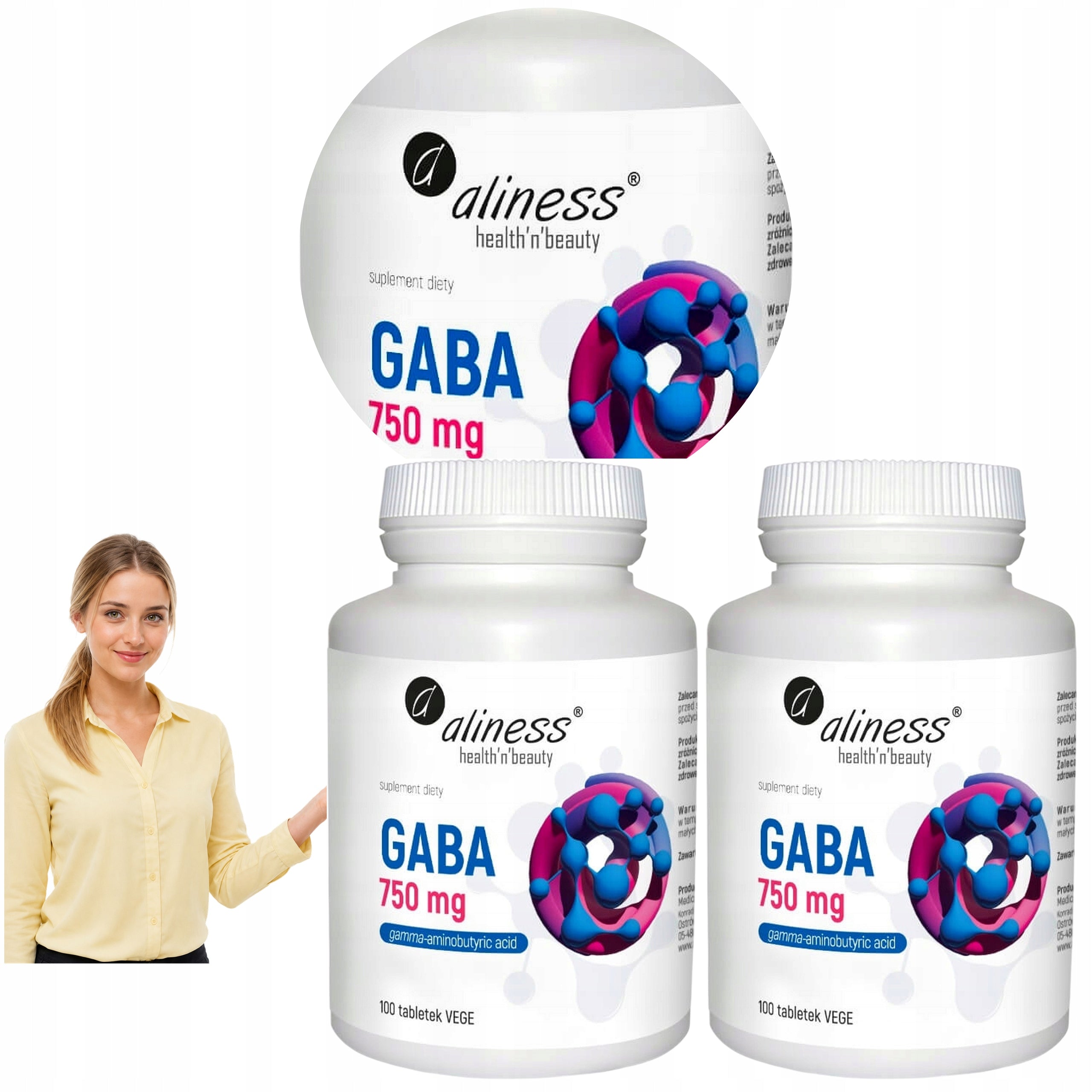 2x GABA ALINESS 750mg GAMMA-AMINOBUTYRIC ACID VEGE 100T