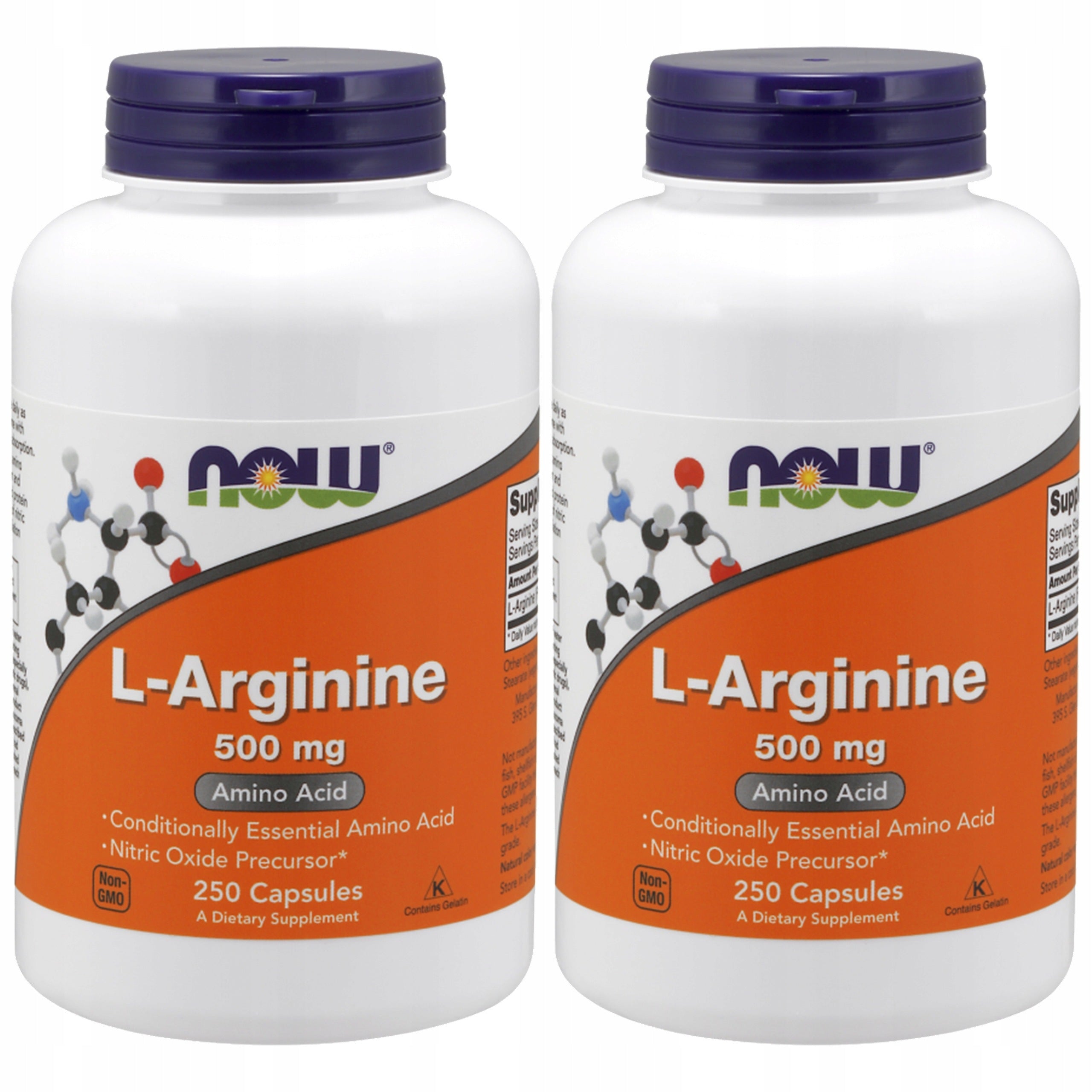 2x L-Arginine NOW FOODS 500mg Amino Acid 250 Capsules Regeneration Pump