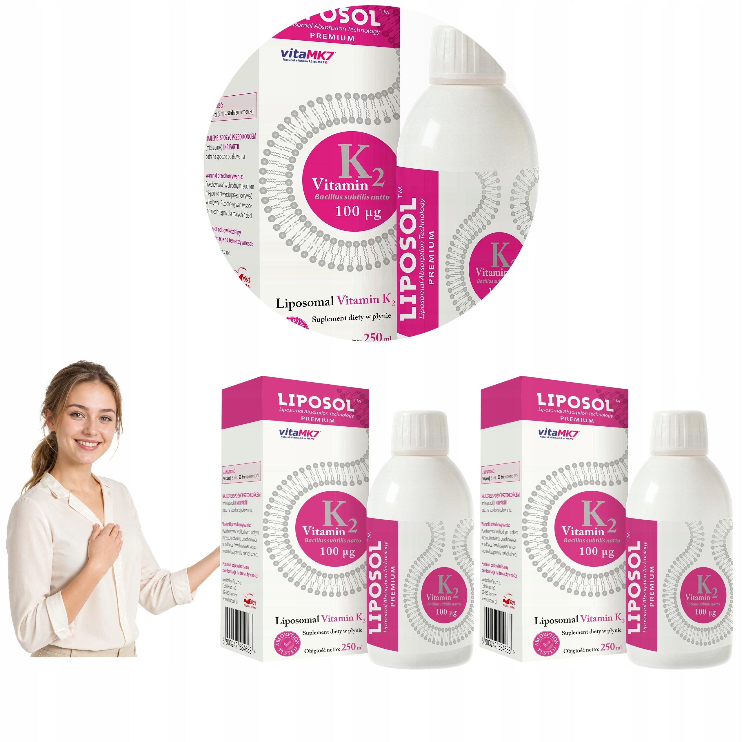 2x LIPOSOMAL VITAMIN K2 ALINESS 100µg LIPOSOL VITA MK-7 BONE LIQUID 250ml