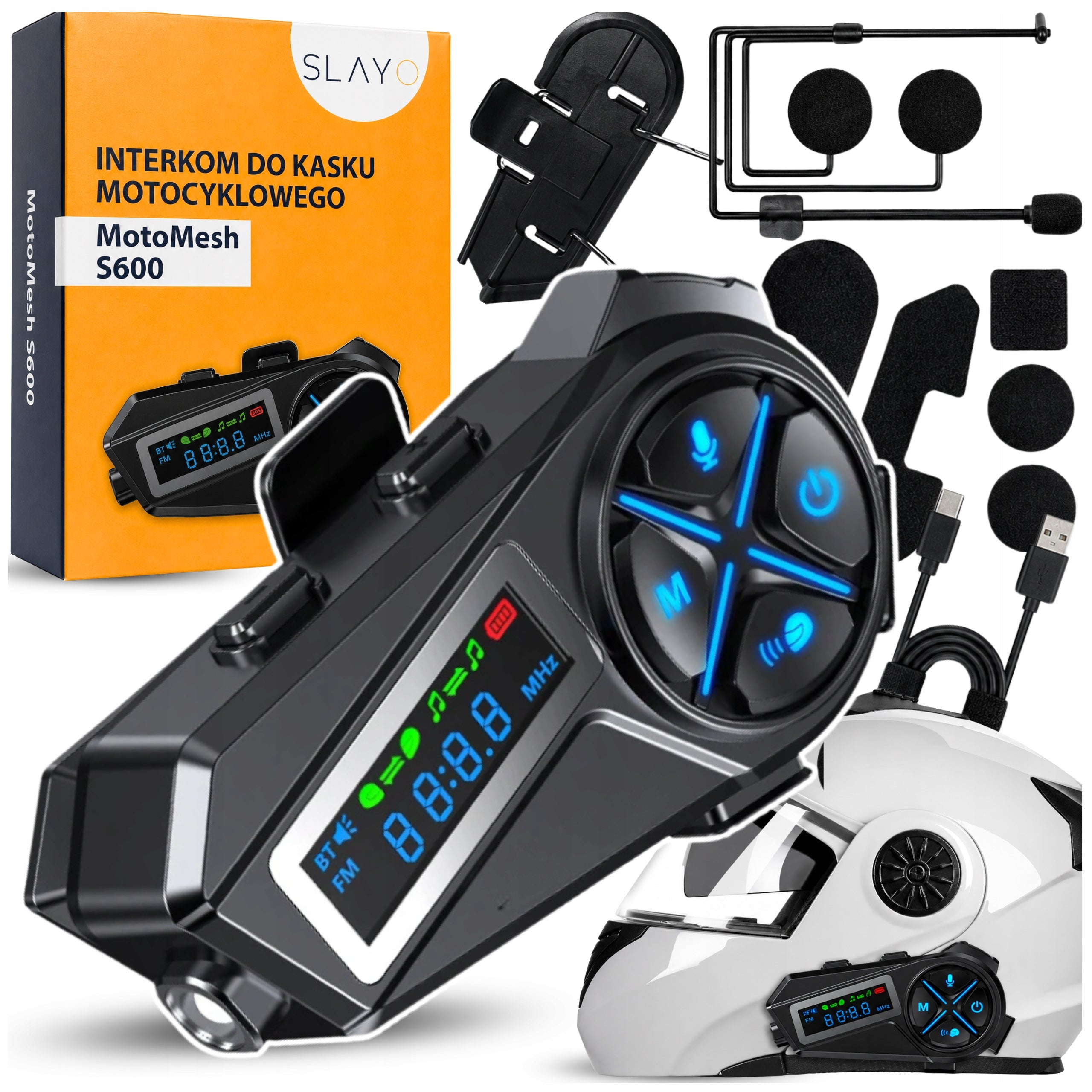 2x MOTORCYCLE INTERCOM BLUETOOTH RADIO FM POLISH MESSAGES FLASHLIGHT SLAYO