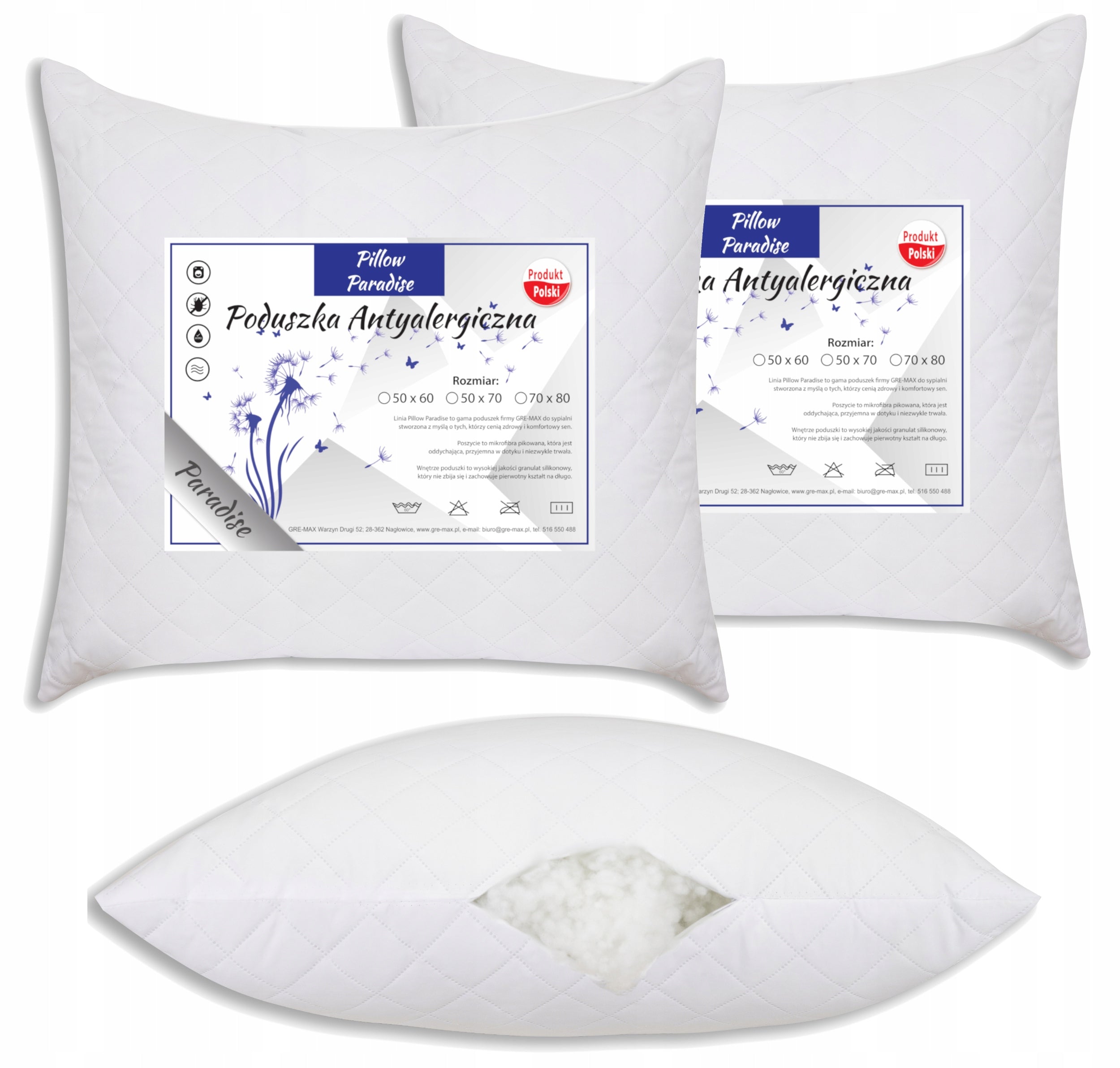2x PILLOW 70X80, ANTI-ALLERGIC, THICK, SOFT, ZIPPER, ADJUSTMENT, SET OF 2 PCS.