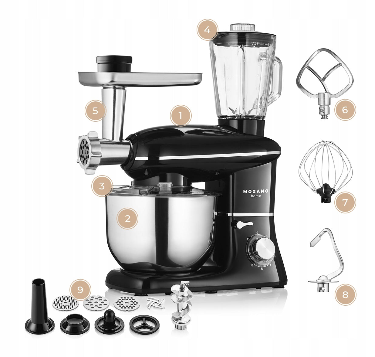 2x Planetary Food Processor Mozano Kitchen Assistant 8in1 6 2l 2000w Black Power rating 2000 W