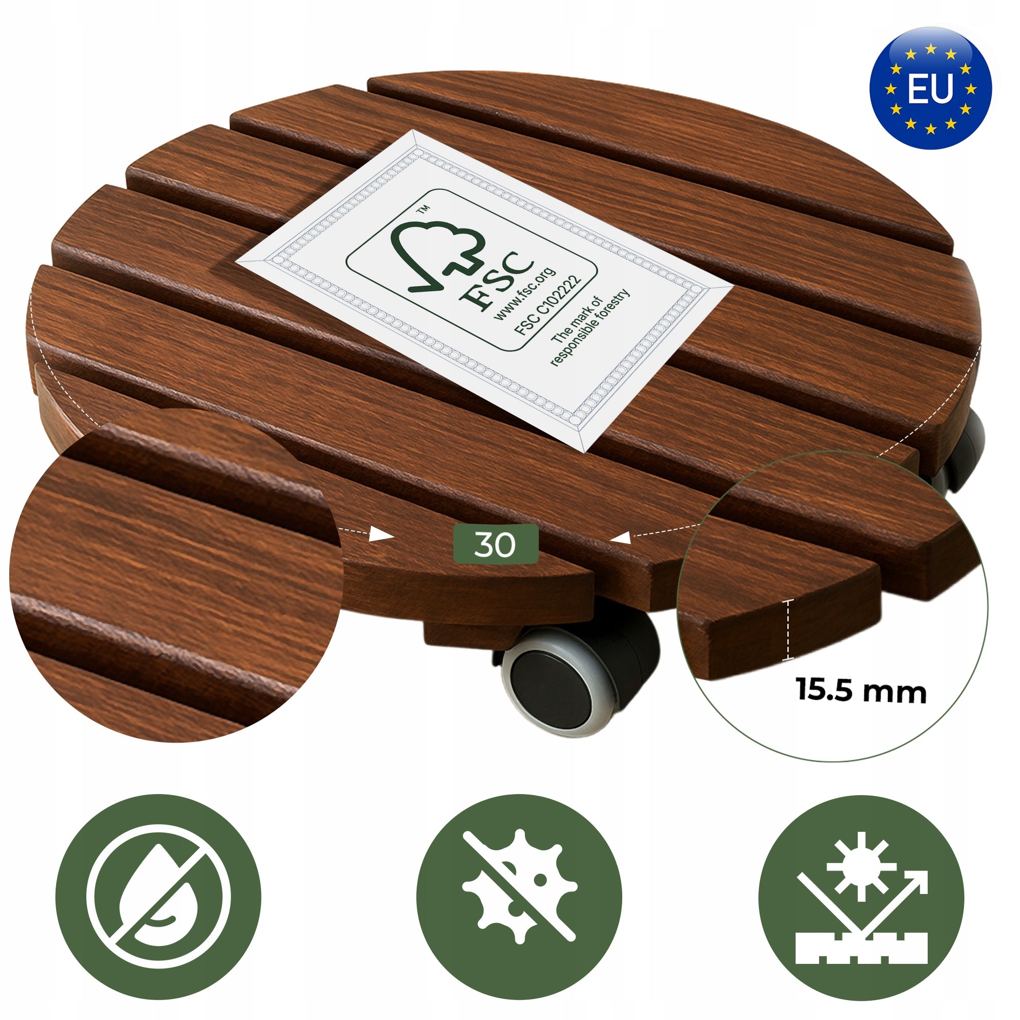 2x Pot Stand on Wheels – Elegant Wood for Interiors and Garden Length 29.1 cm